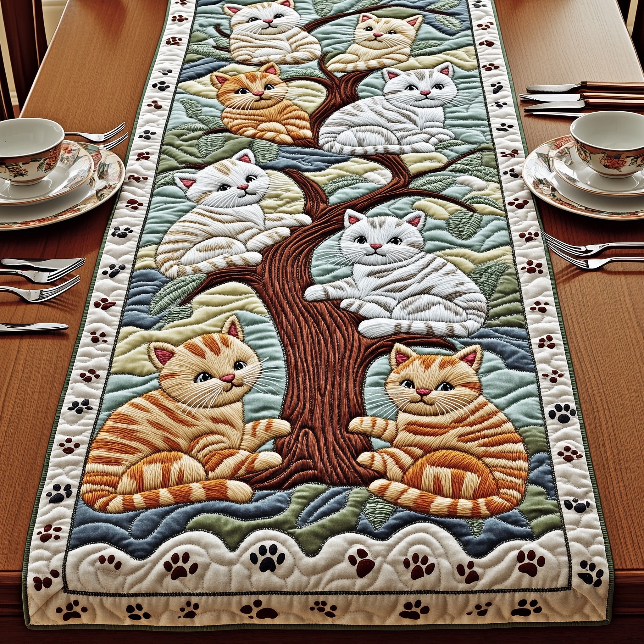 Tree Of Cats Quilted Table Runner Holiday Table Runner for Kitchen Decor