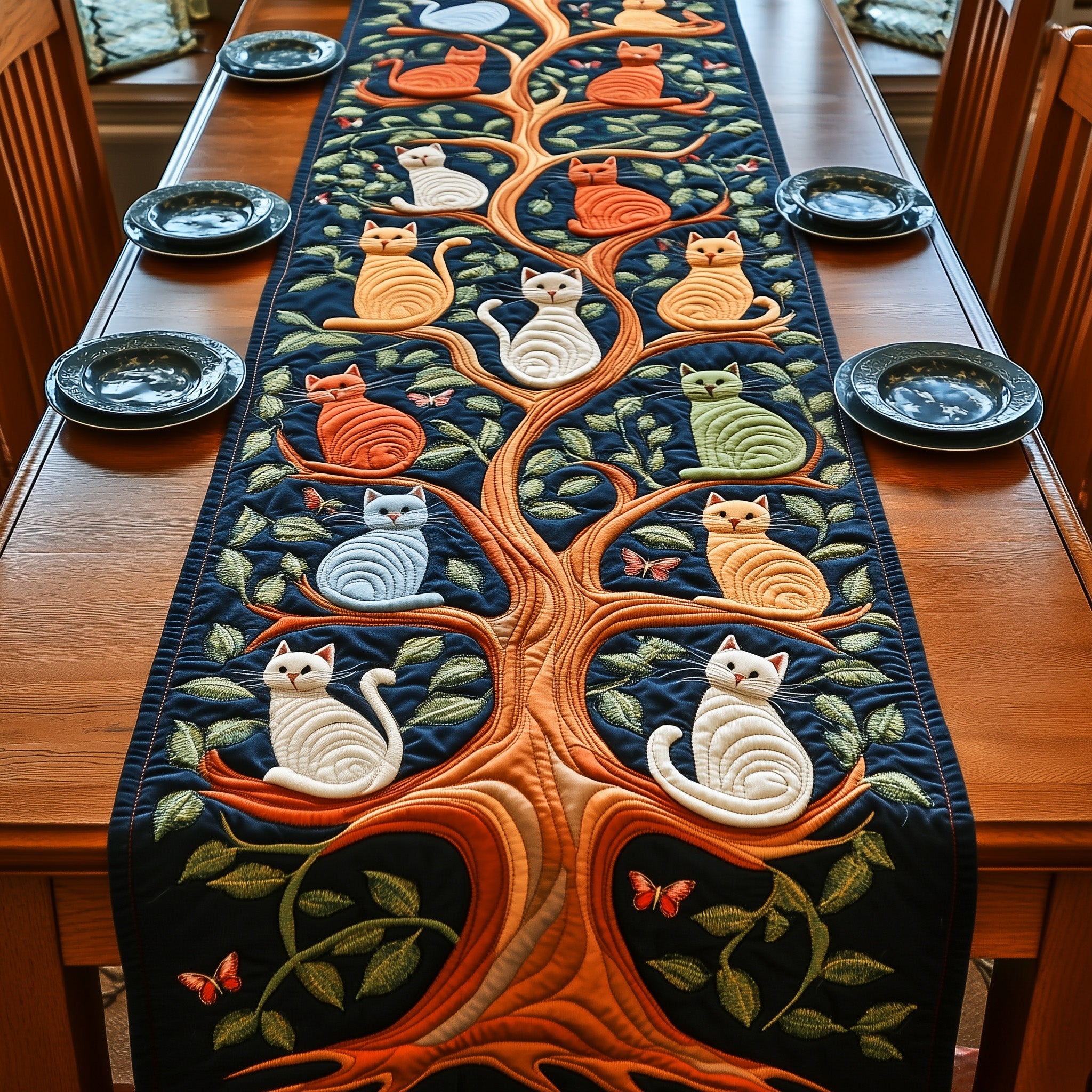 Tree Of Cats Quilted Table Runner Seasonal Table Runner for Holidays