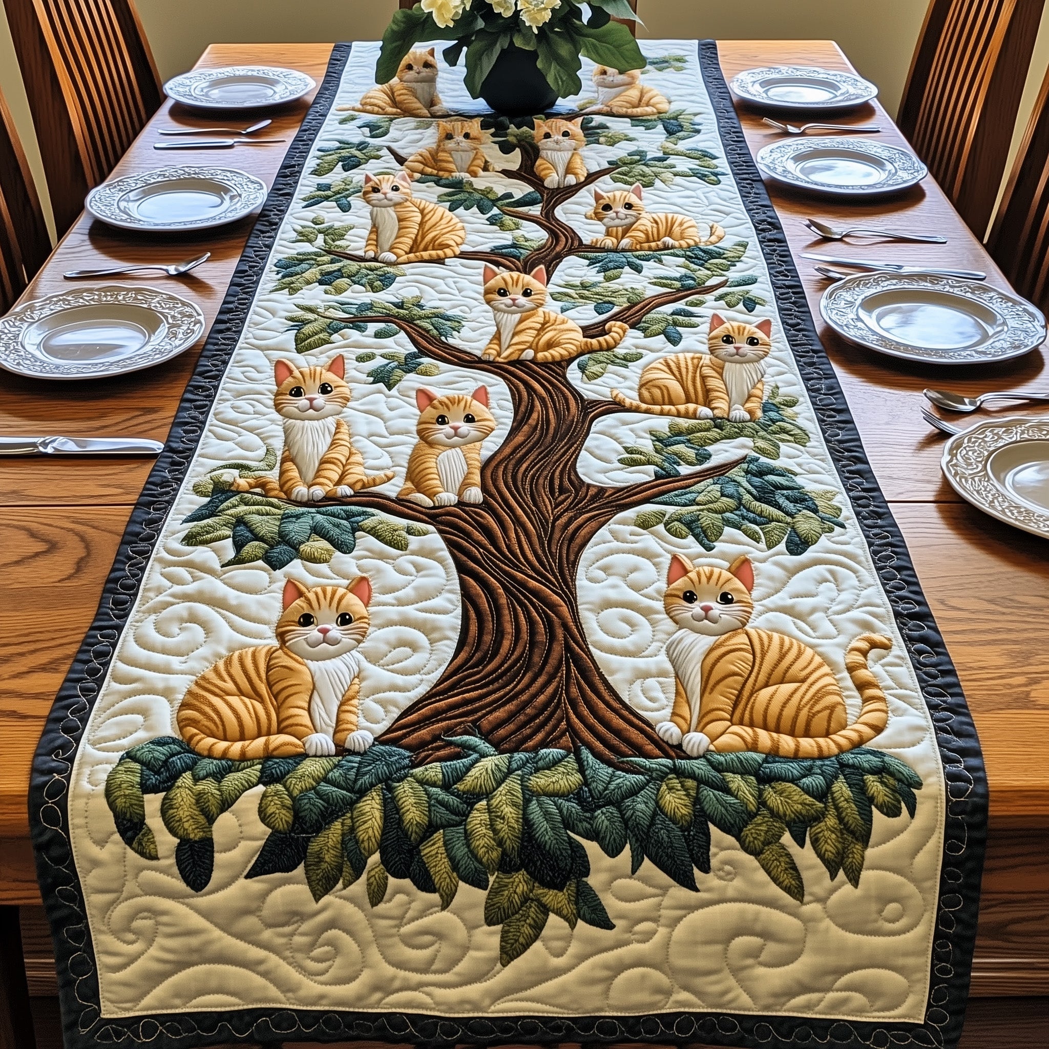 Tree Of Cats Quilted Table Runner Table Runner Gift for Holiday Season