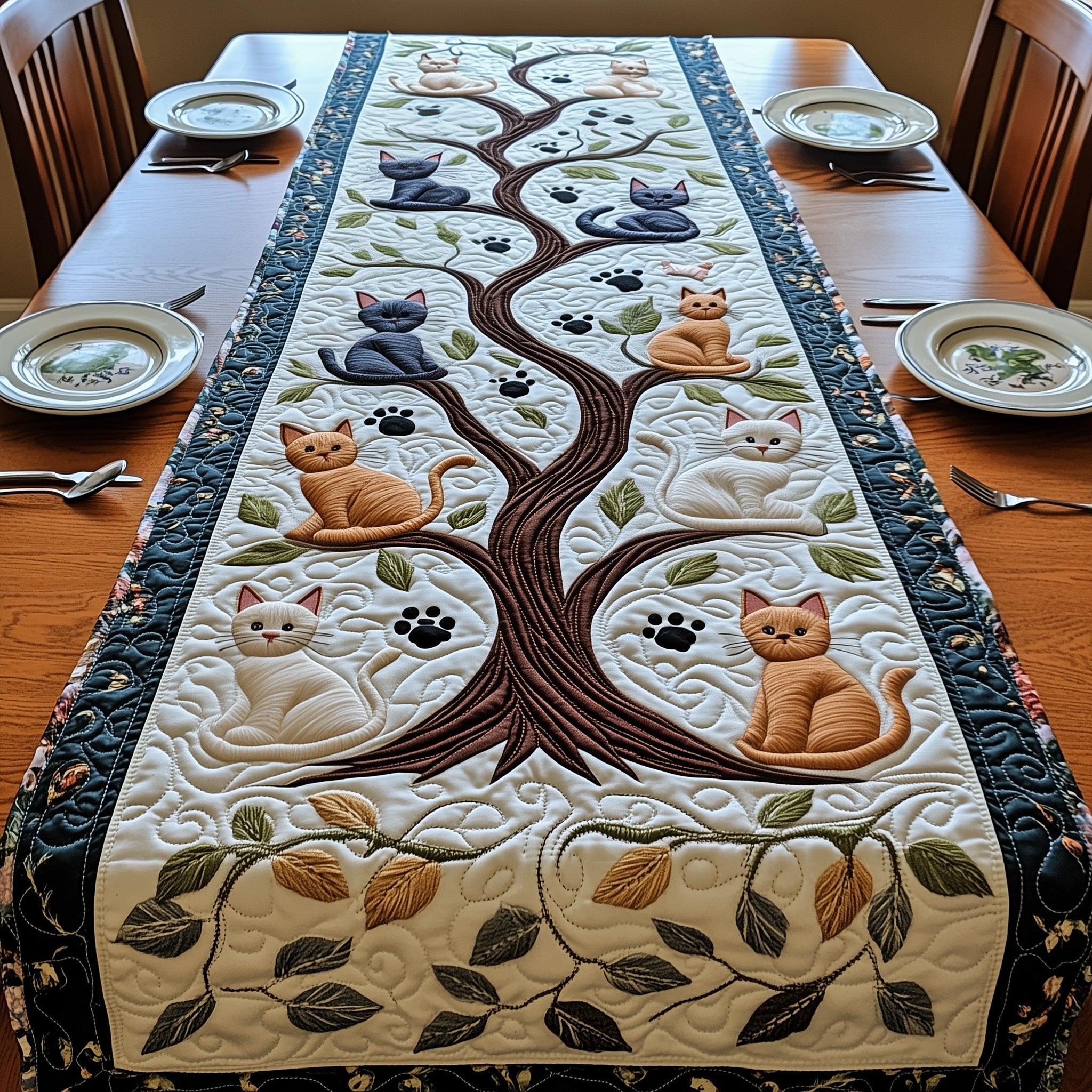 Tree Of Cats Quilted Table Runner Winter Table Runner