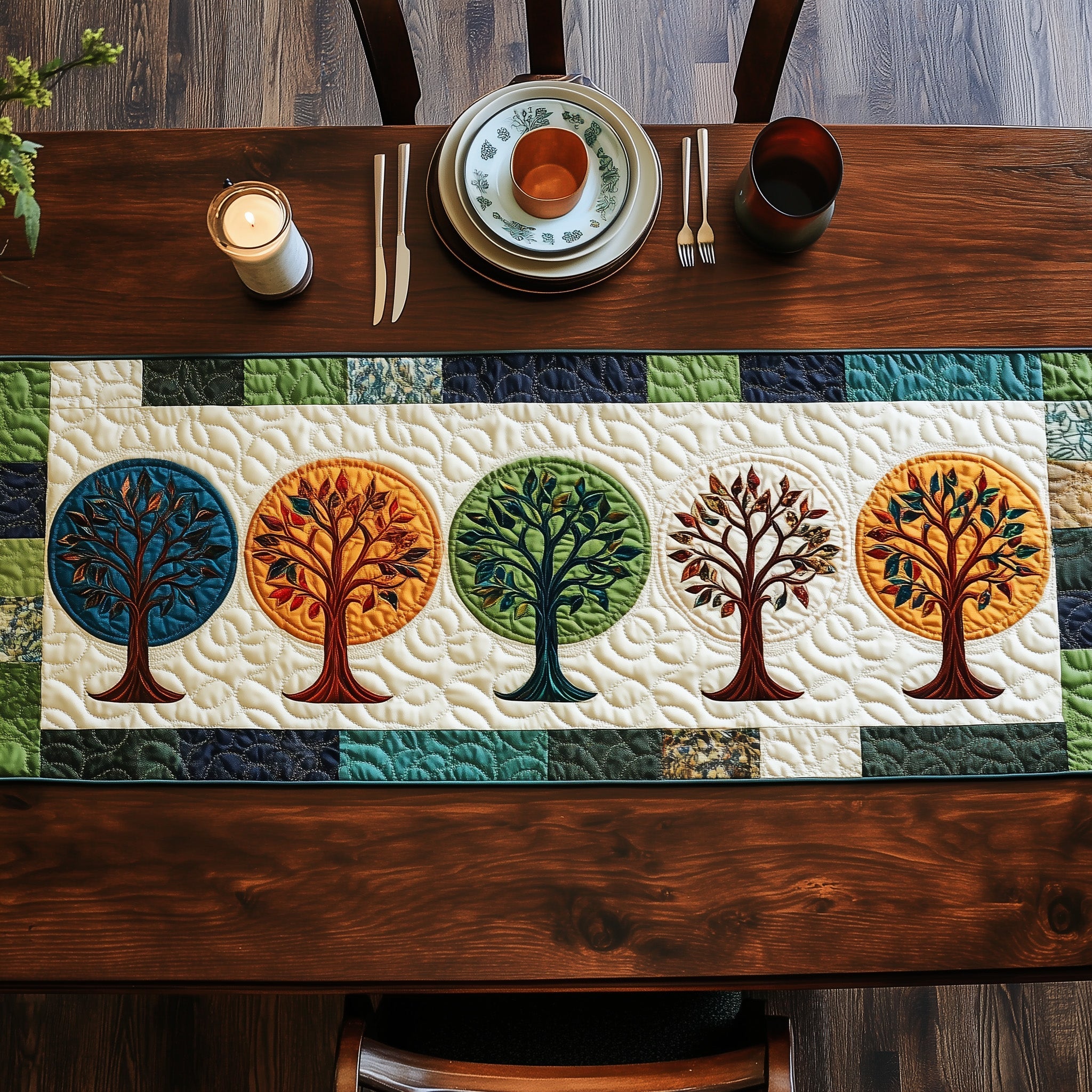 Tree Of Life Quilted Table Runner Festive Table Runner for Dining Table