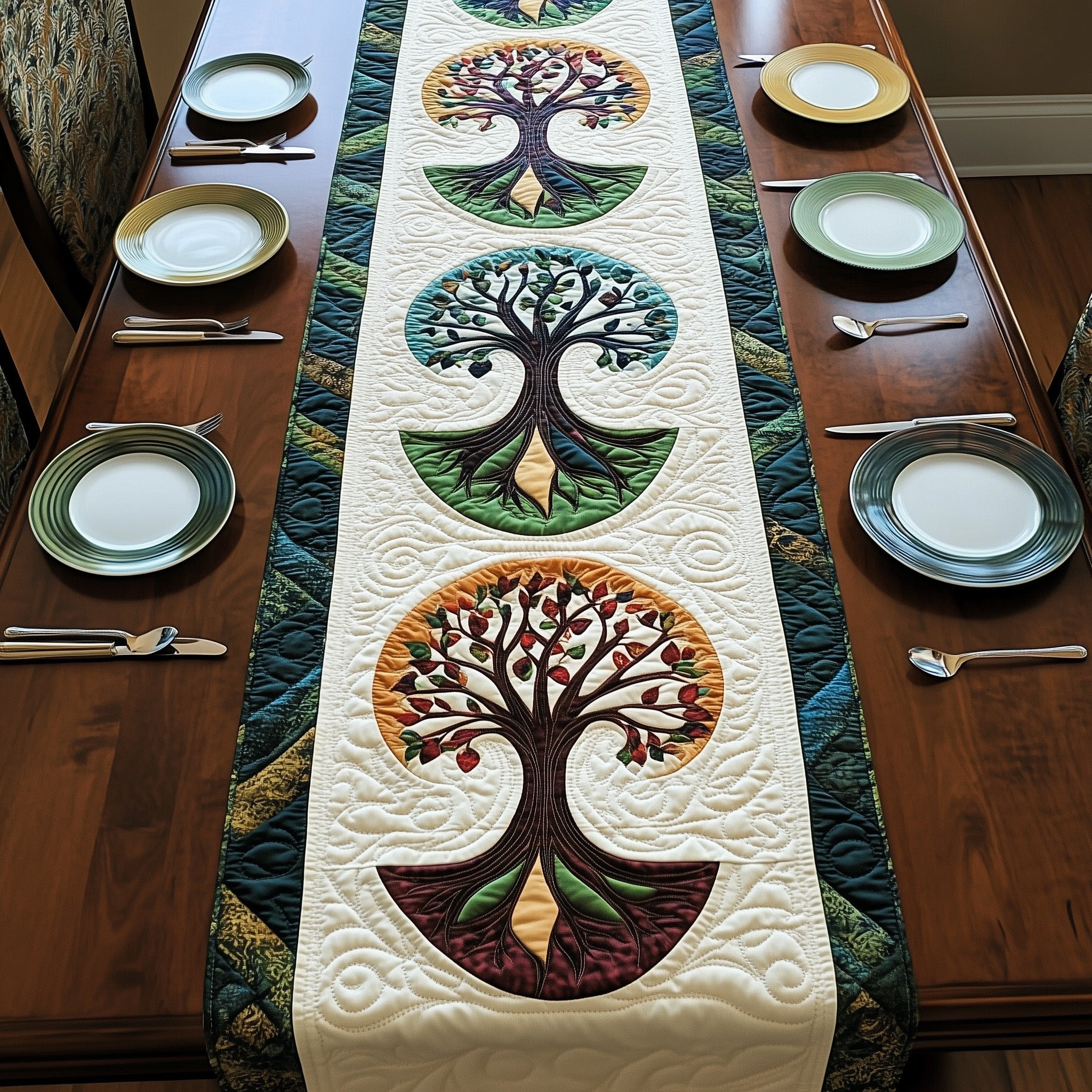 Tree Of Life Quilted Table Runner Holiday Banquet Table Runner