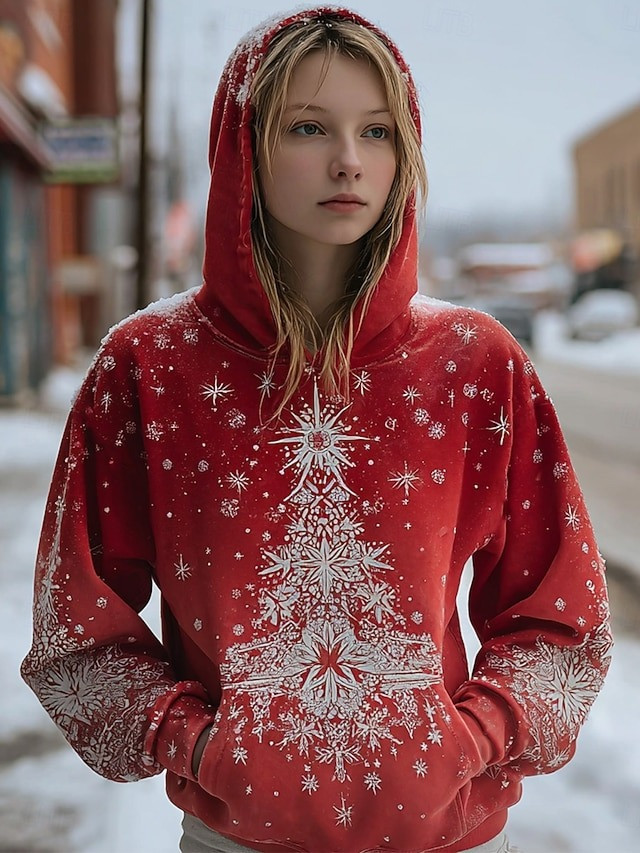 Tree Pine Christmas Hoodie Snowflake Festival Christmas Holiday Gifts For Women