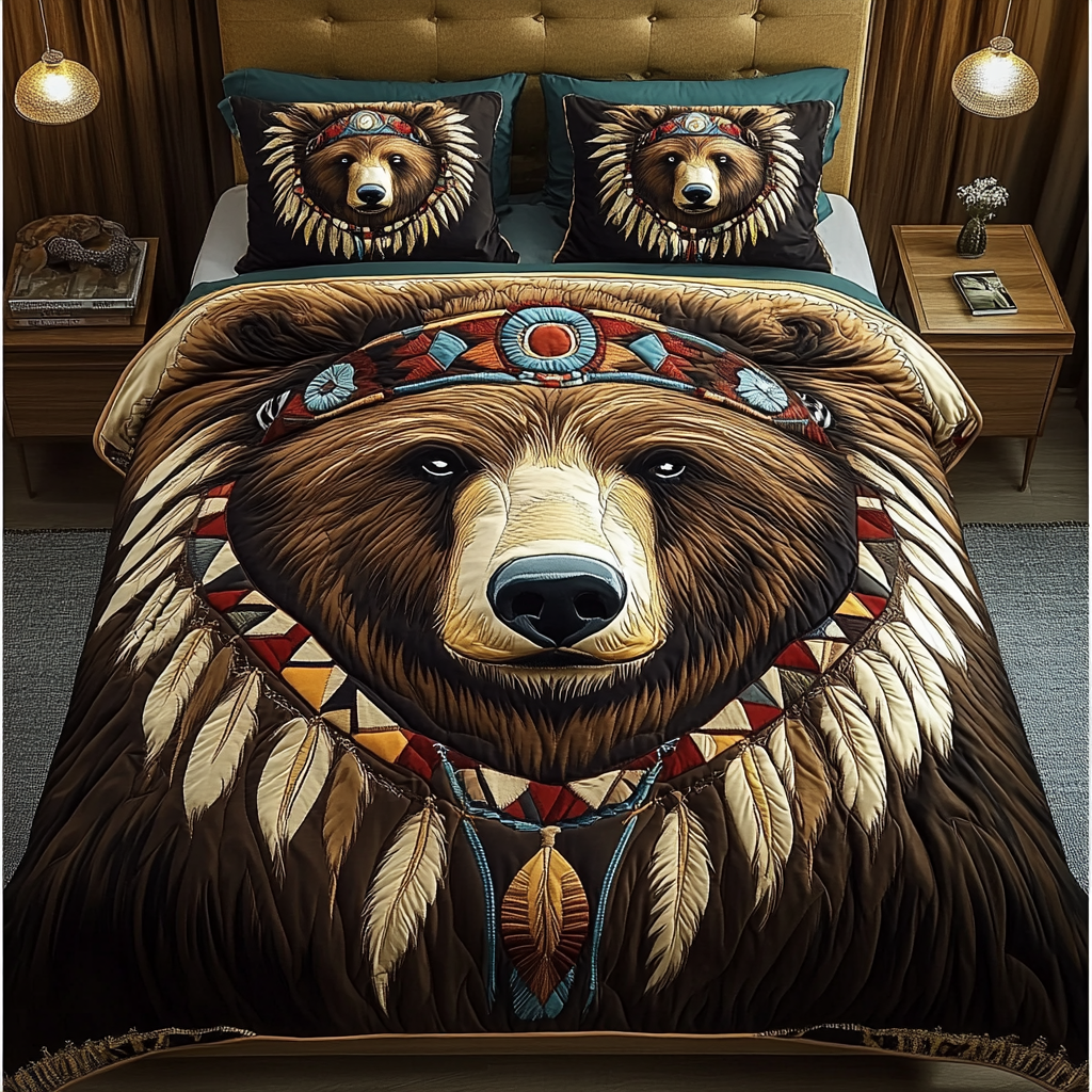 Tribal Bear Quilted Bedding Set Best Bed Sheet Set Native American Gift Ideas