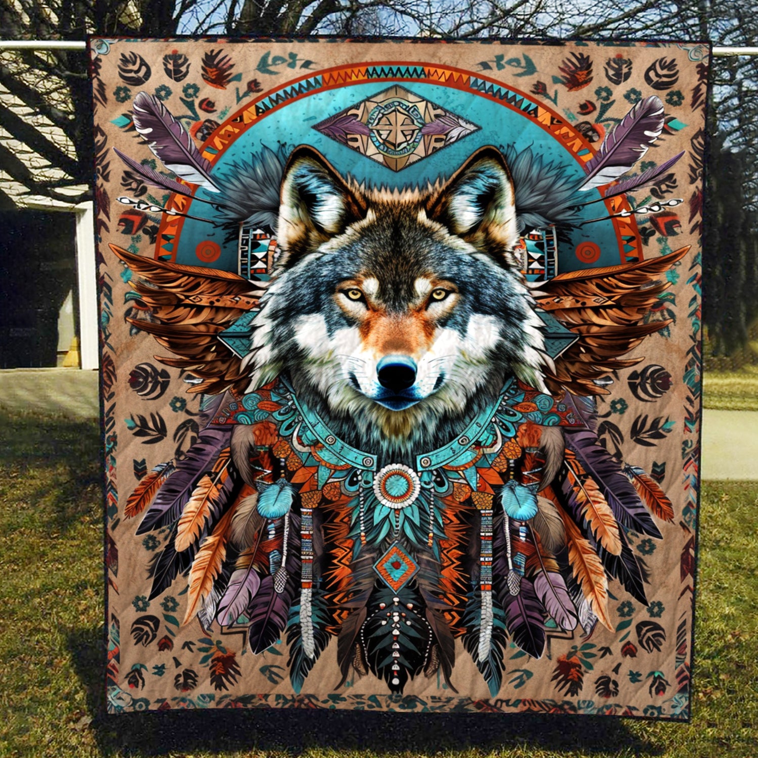 Tribal Feather Wolf Quilted Blanket Wolf Gifts For Him