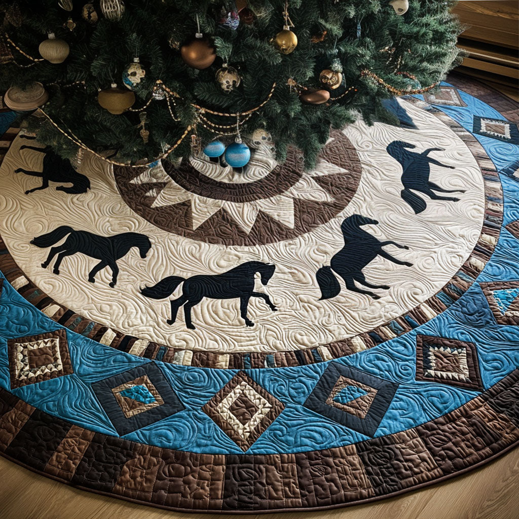 Tribal Gallop Christmas Quilted Tree Skirt Xmas Tree Stand Cover Horse Christmas Presents