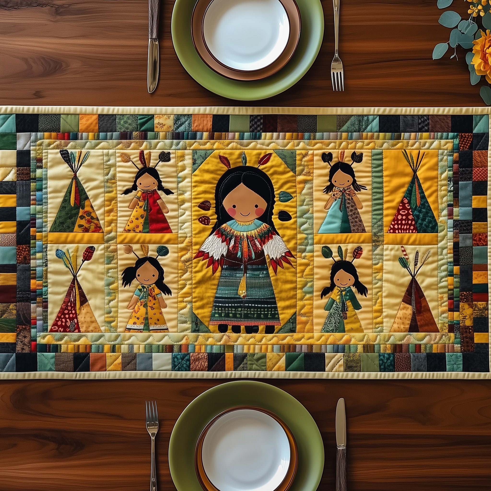 Tribal Harmony Quilted Table Runner Elegant Christmas Table Runner