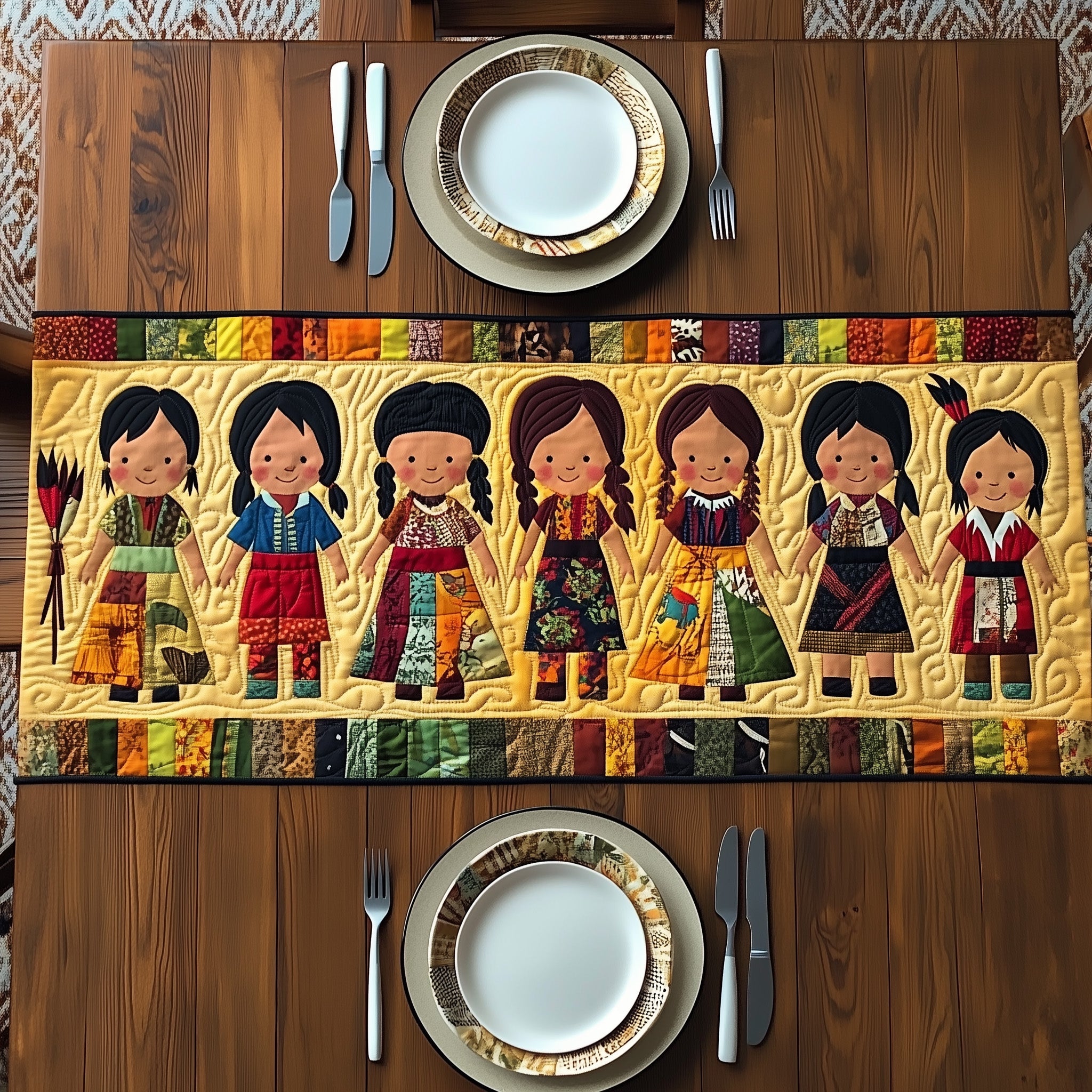 Tribal Harmony Quilted Table Runner Holiday Dinner Table Runner