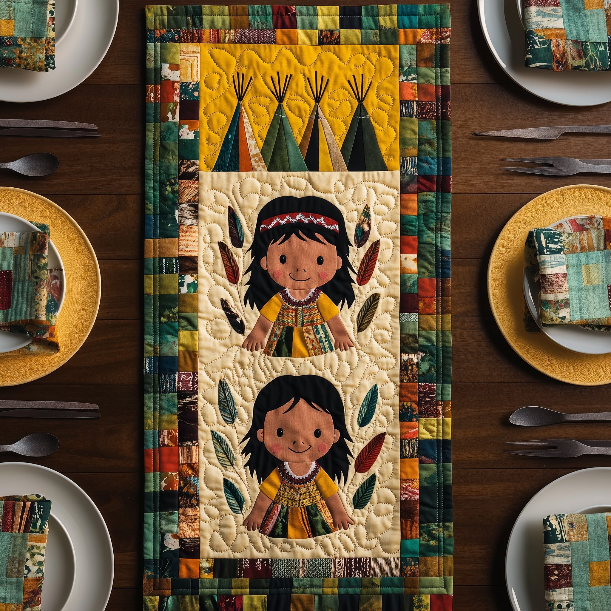 Tribal Harmony Quilted Table Runner Holiday Party Table Runner