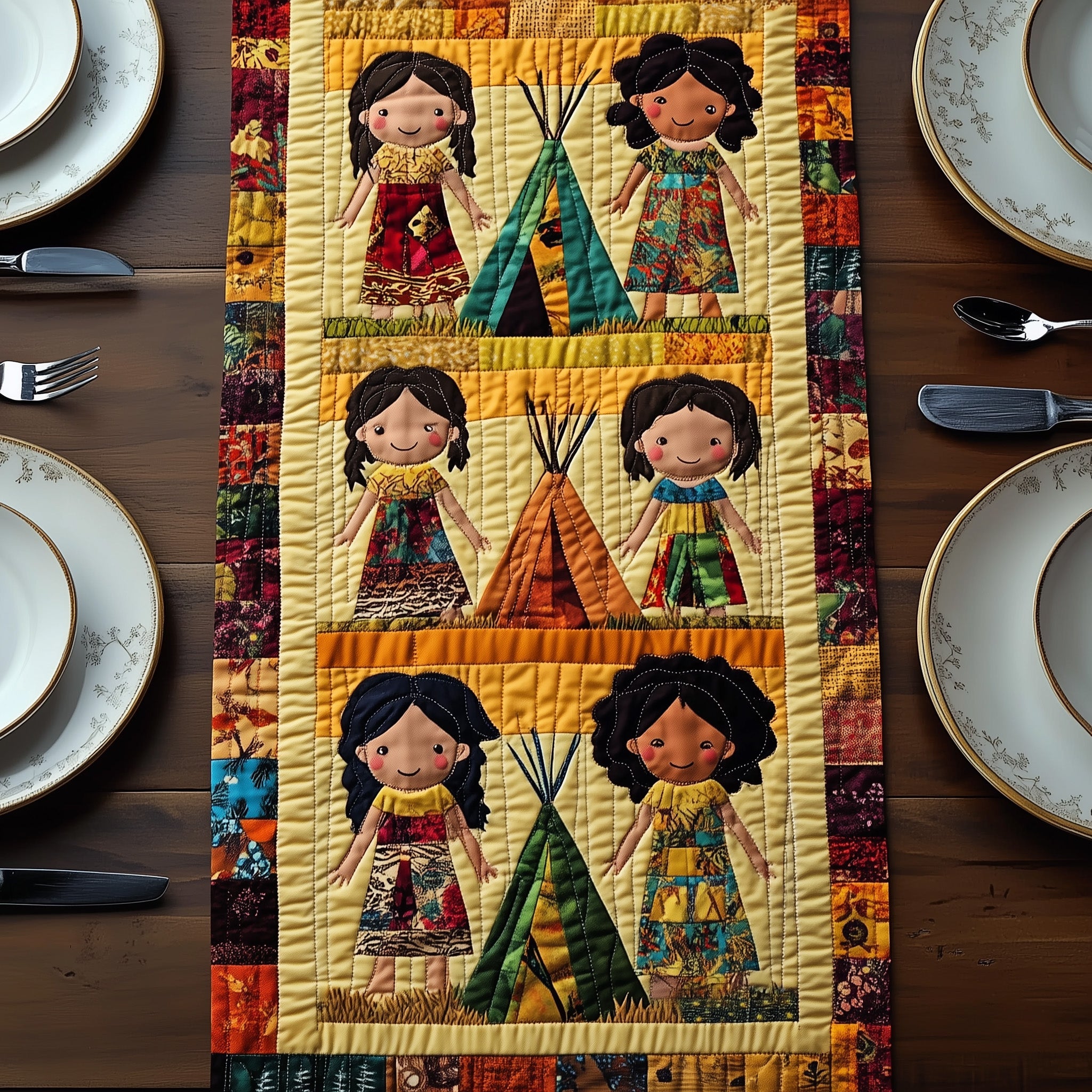 Tribal Harmony Quilted Table Runner Seasonal Table Runner for Holidays