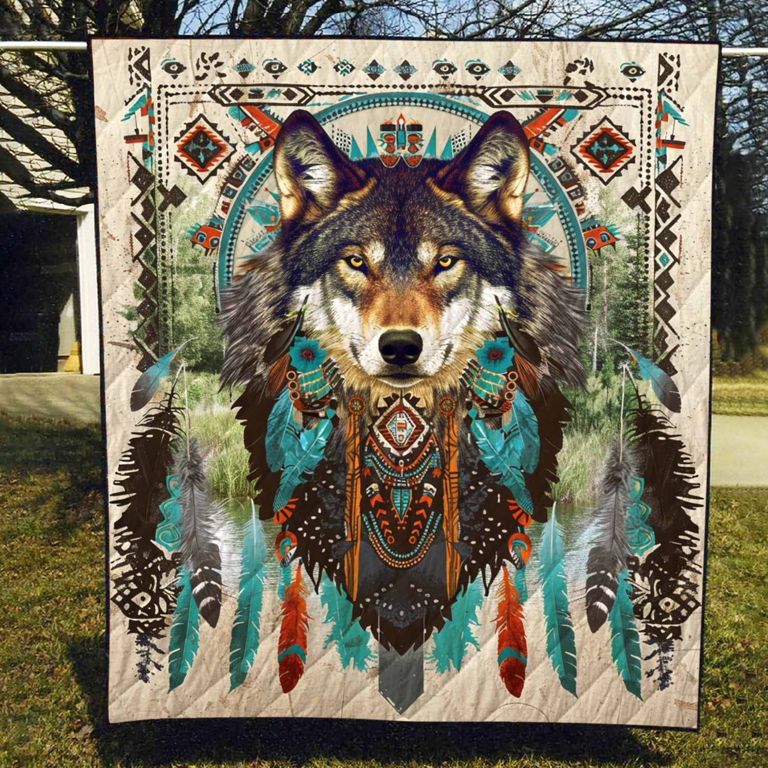 Tribal Harmony Wolf Quilted Blanket Wolf Gifts For Him
