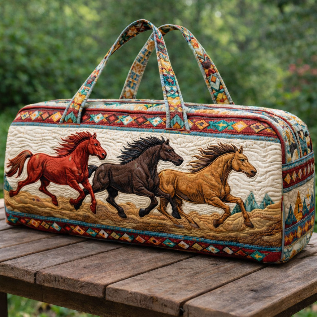 Tribal Horse Motion Quilted Duffle Bag Running Wild Horses Southwest Travel Bag Best Gift For Horse Lovers
