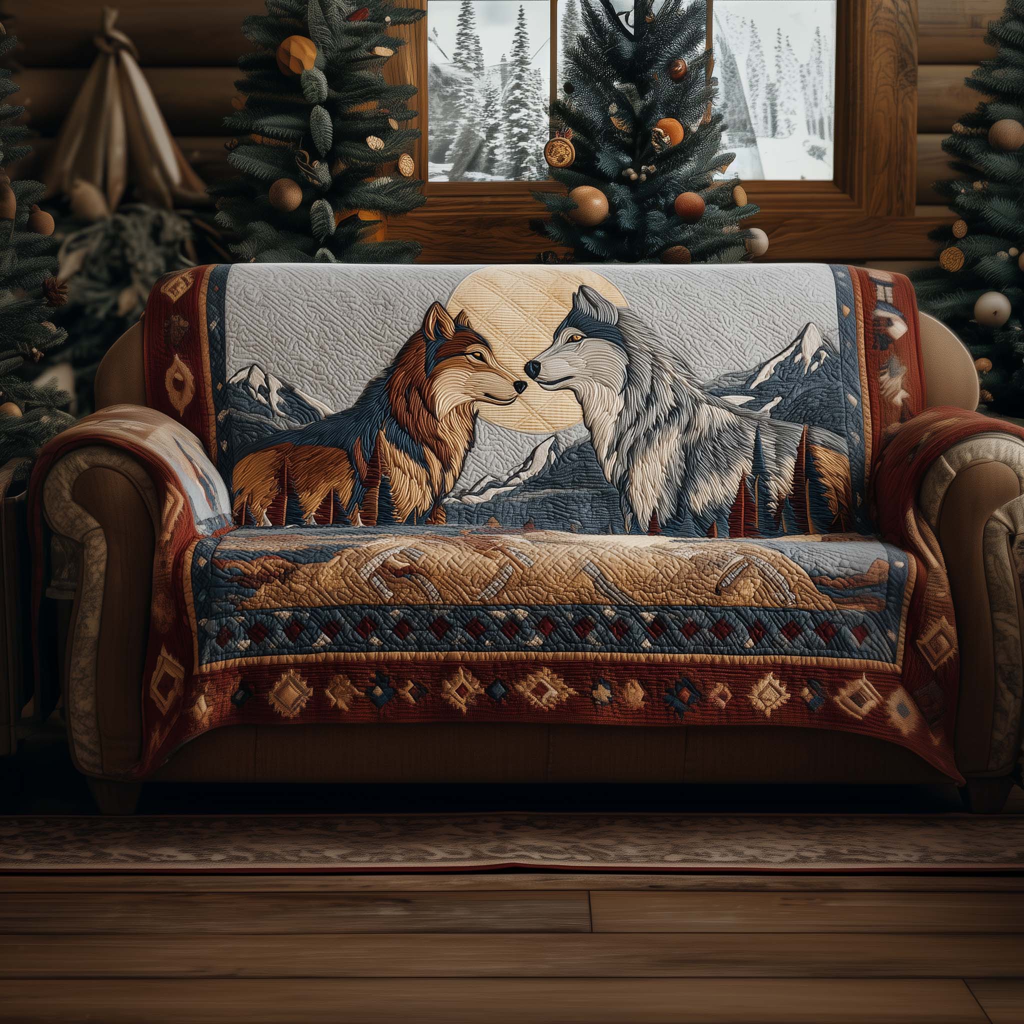 Tribal Majesty Quilted Sofa Cover Bold Geometric Tribal Pattern Christmas Gifts For Wolf Lovers