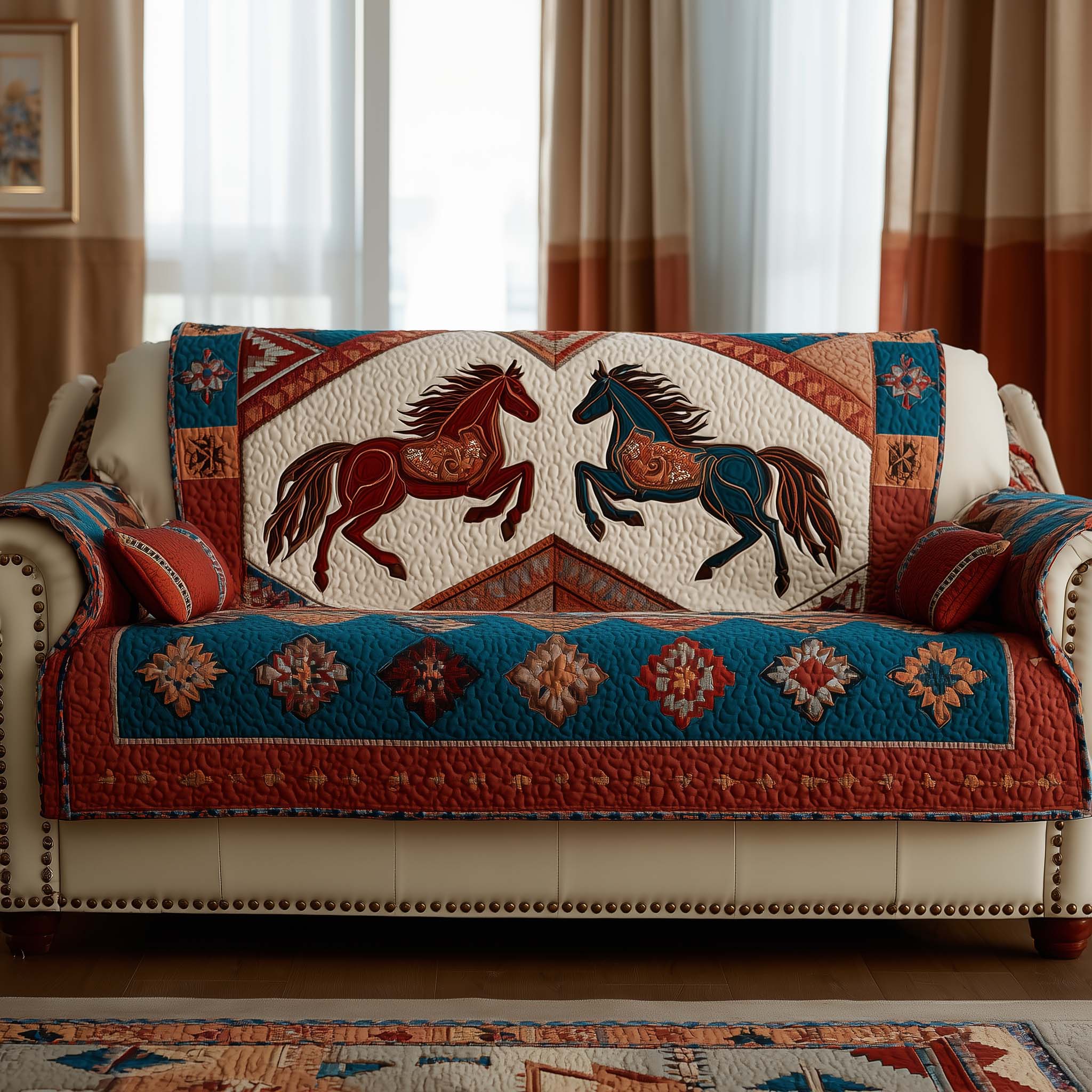 Tribal Majesty Quilted Sofa Cover Striking Indigenous Art Design Cool Gifts For Horse Lovers