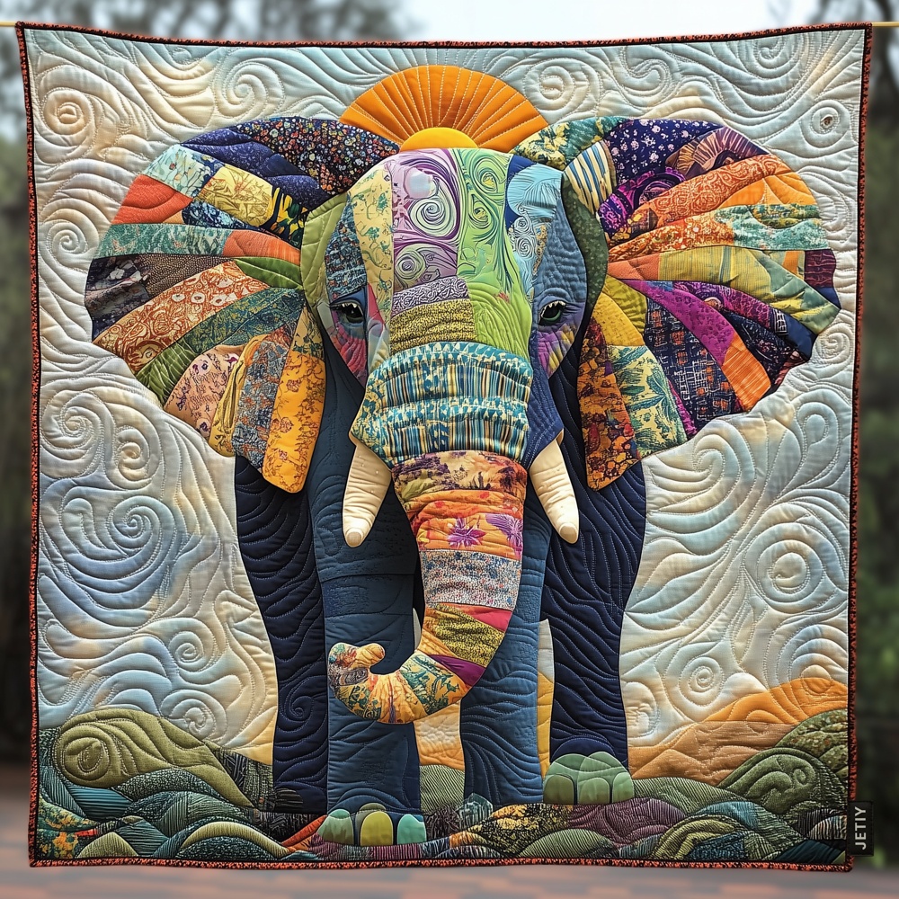 Tribal Patchwork Elephant Quilted Blanket Boho Wildlife Sunrise Art Cozy Throw Gift For Elephant Lovers