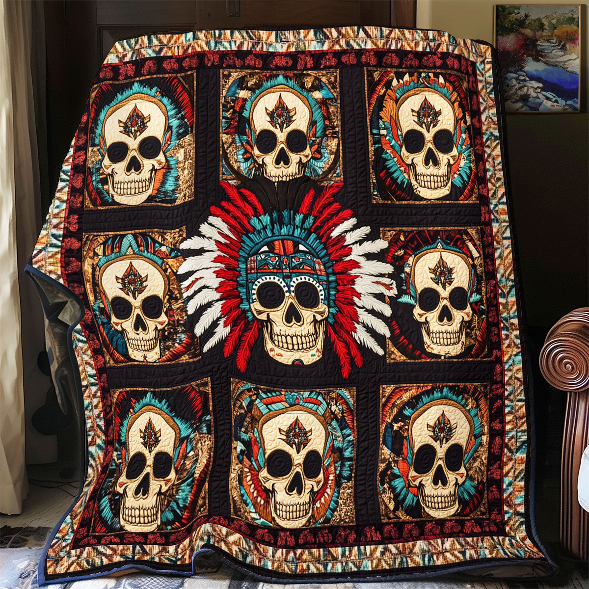 Tribal Skull Quilt Decoration Gifts For Friends and Family on Halloween