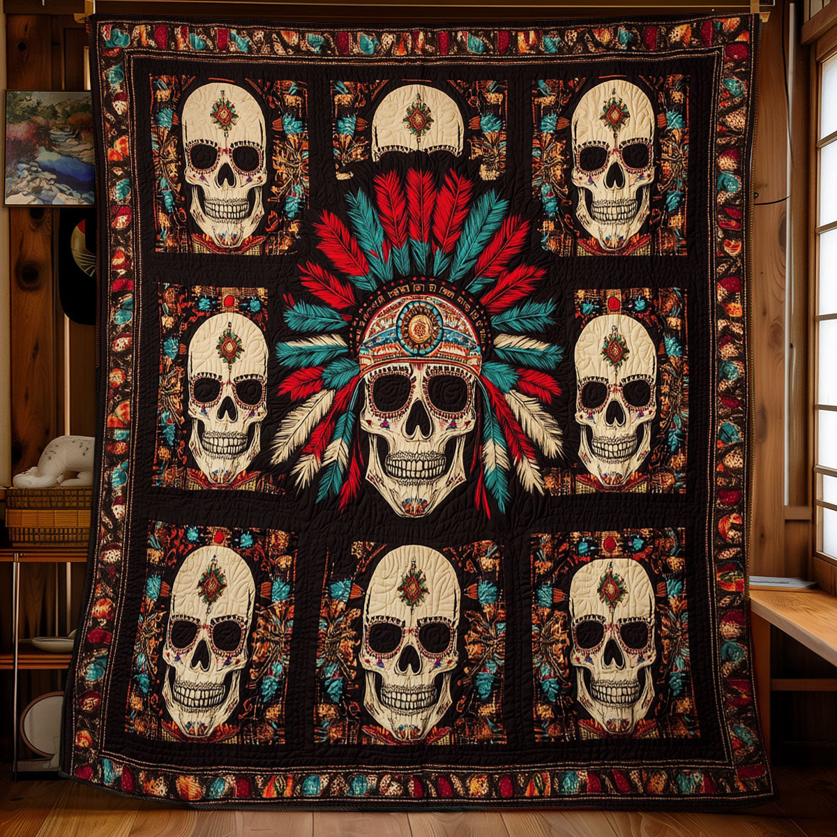 Tribal Skull Quilt Gift For Friends and Family on Halloween