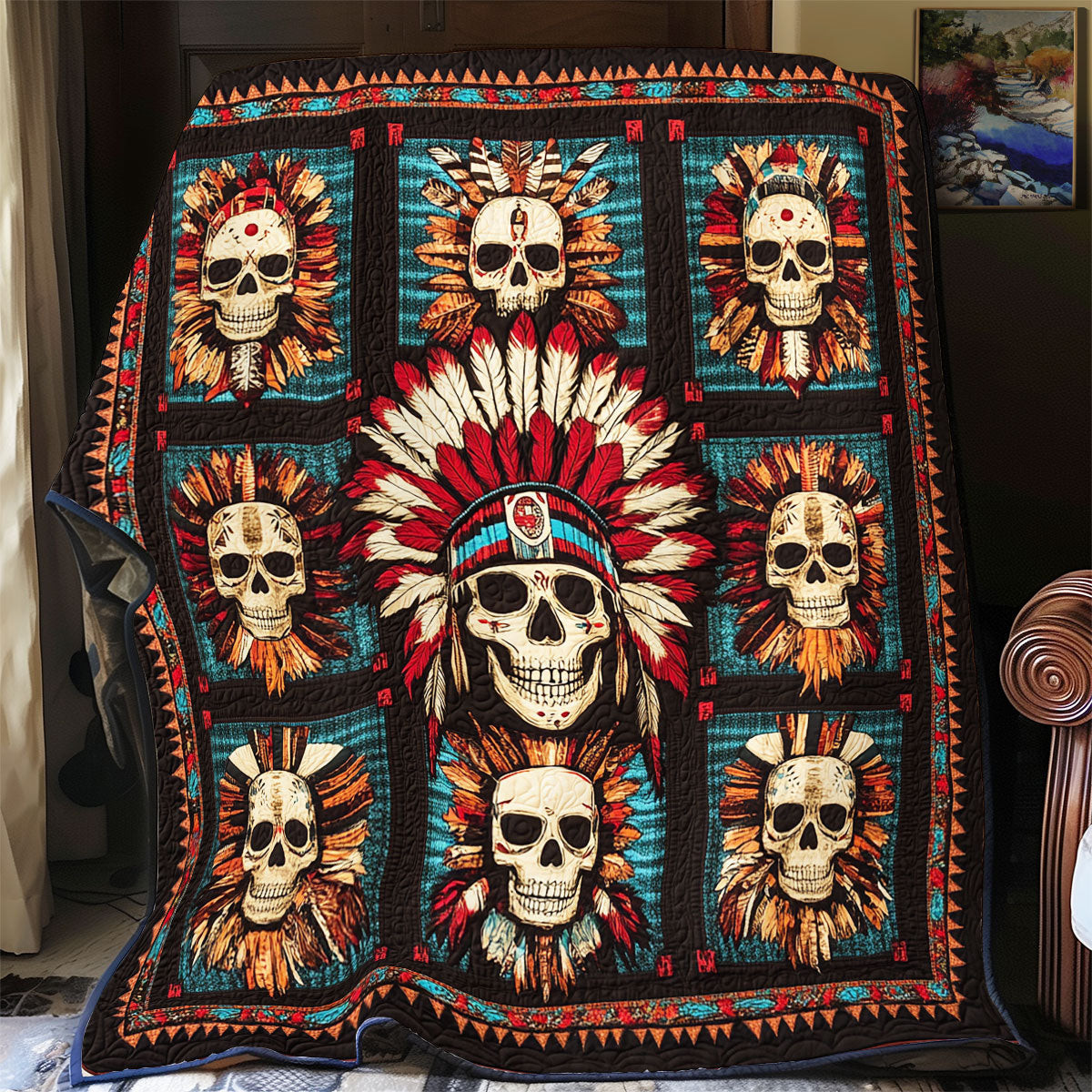 Tribal Skull Quilt Gifts Decor For Friends and Family on Halloween