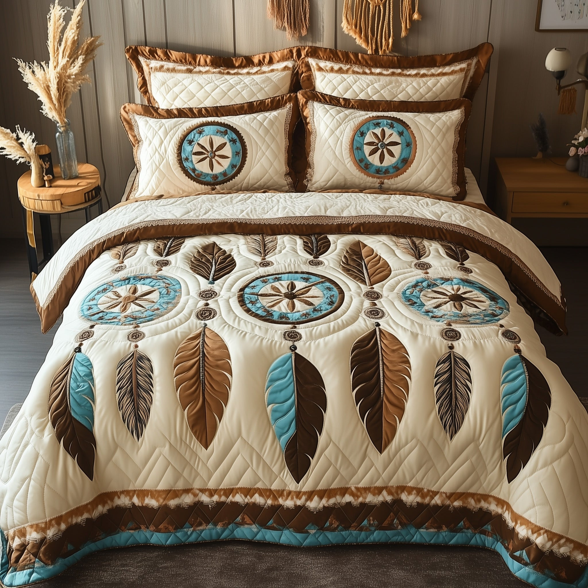Tribal Soul Dreamcatcher Quilted Bedding Set Boho Feather Peaceful Sleep Theme Gifts Ideas
