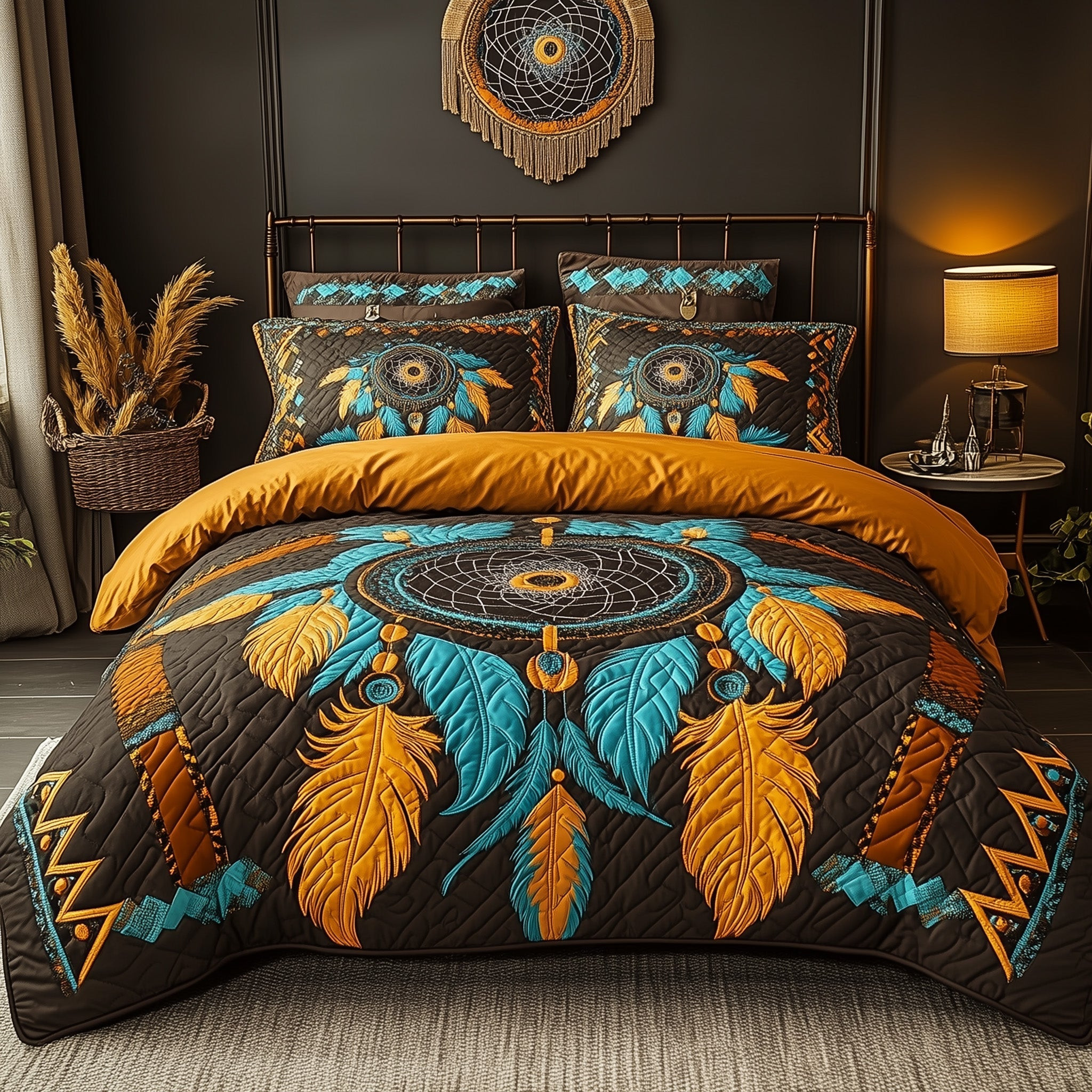 Tribal Soul Dreamcatcher Quilted Bedding Set Indigenous Pattern Decor Gift Ideas