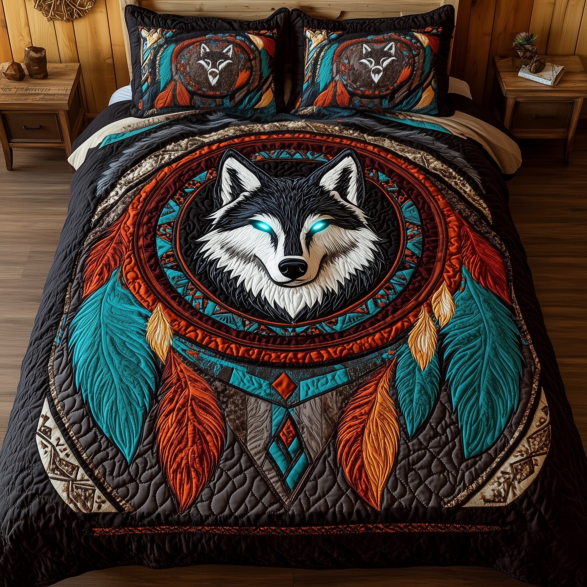 Tribal Soul Dreamcatcher Quilted Bedding Set Native Wolf Tribal Artwork Indigenous Inspired Gift