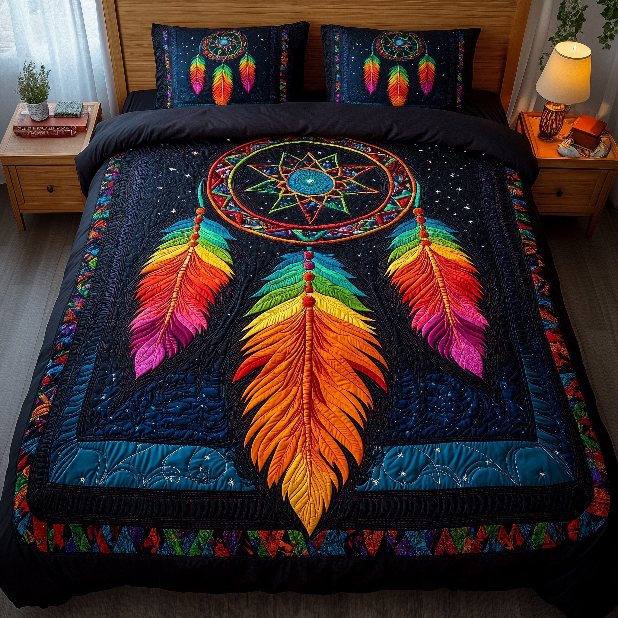 Tribal Soul Dreamcatcher Quilted Bedding Set Tribal Feather Artwork Peaceful Sleep Theme Gifts