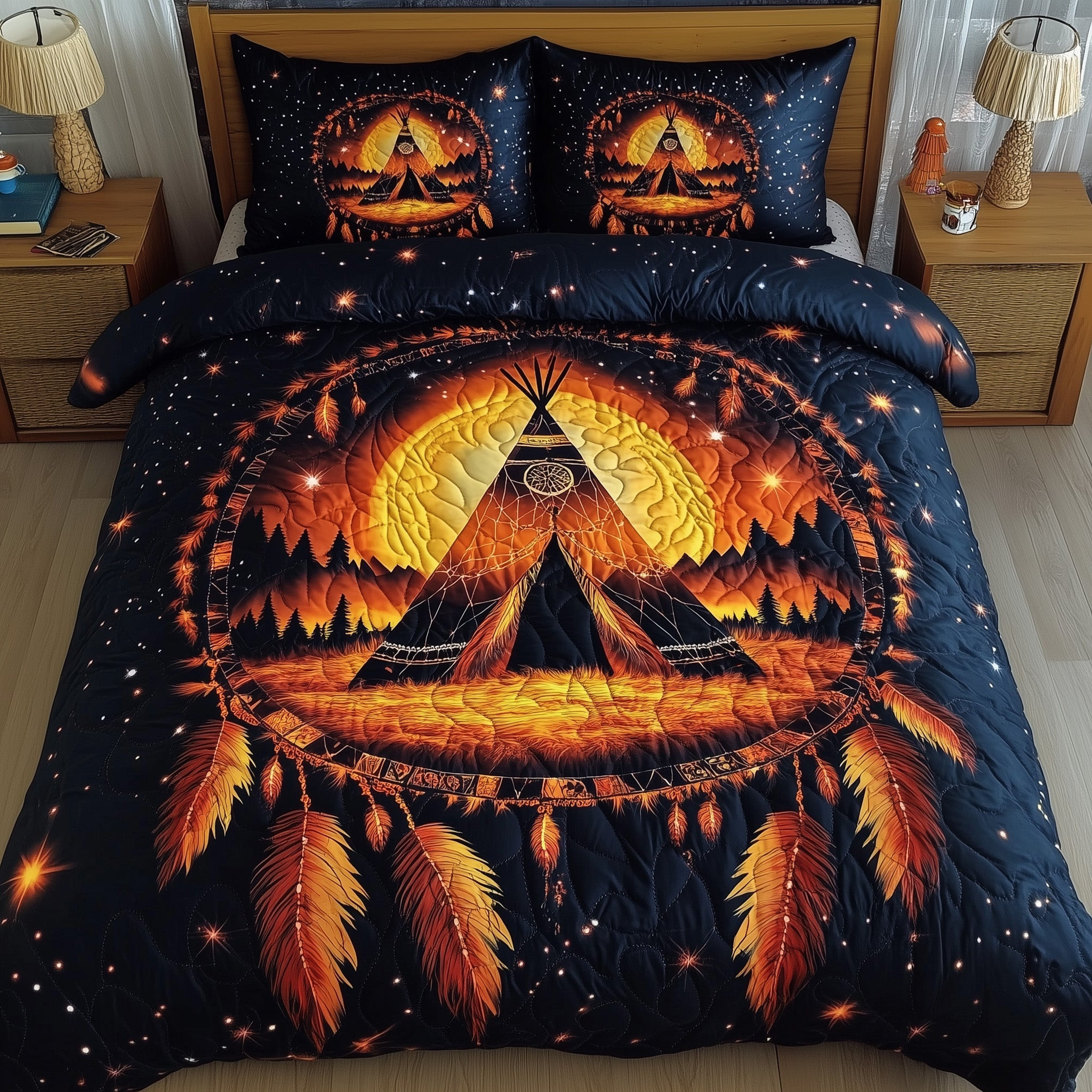 Tribal Soul Dreamcatcher Quilted Bedding Set Vibrant Orange And Black Native Inspired Design Gifts