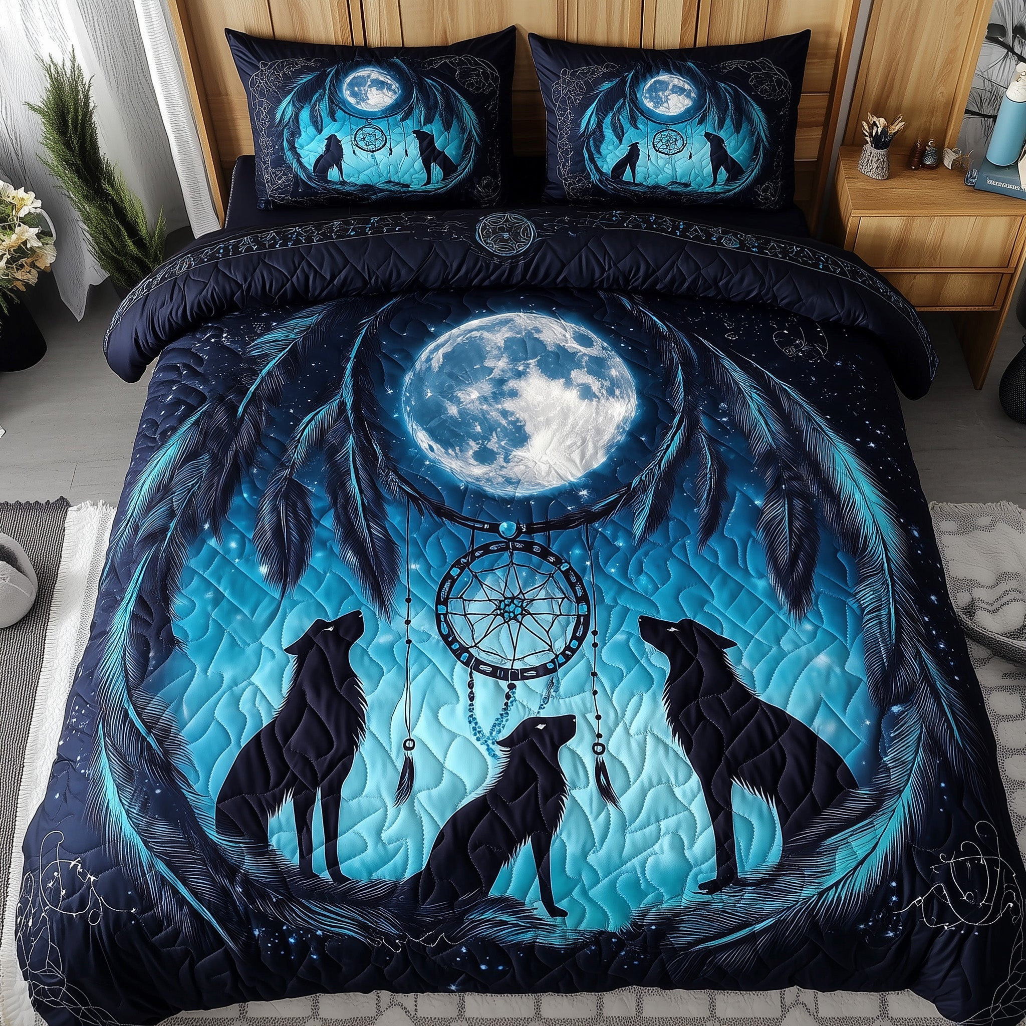 Tribal Soul Dreamcatcher Quilted Bedding Set Wolfs Under Moonlit Peaceful Sleep Theme Gift Ideas