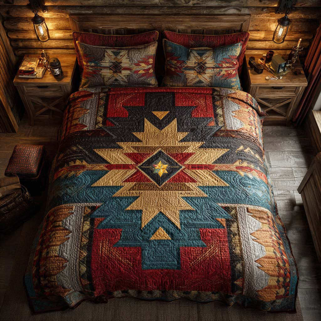 Tribal Starburst Pattern Quilted Bedding Set Boho Bedroom Decor Gift For Boho Lovers