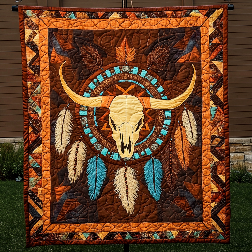 Tribal Sunburst Skull Quilted Blanket Native American Gifts For Her
