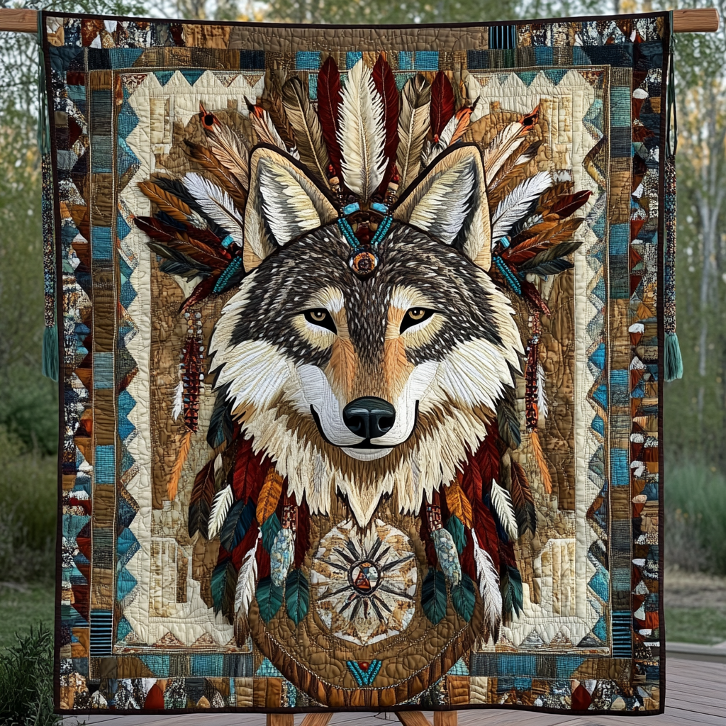 Tribal Wolf Dreams Quilted Blanket Gift For Wolf Lover