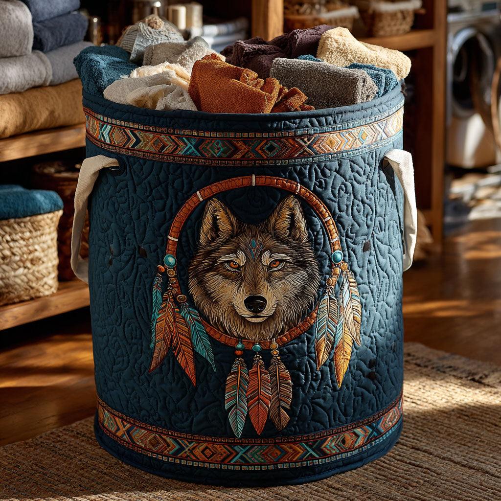 Tribal Wolf Quilted Laundry Basket Trendy Quilted Laundry Tote for Home and Dorm