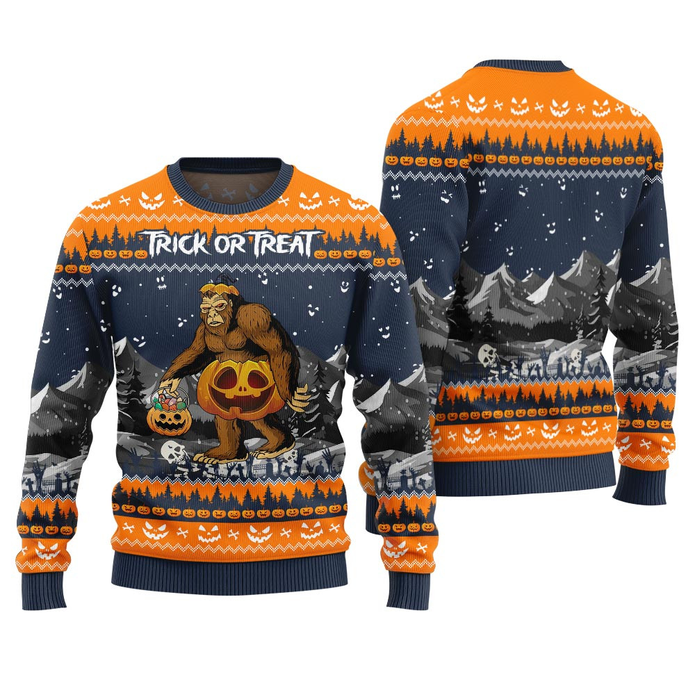 Trick Or Treat Bigfoot Halloween Christmas Sweater Navy Thoughtful Winter Gift Merch for Special Moments