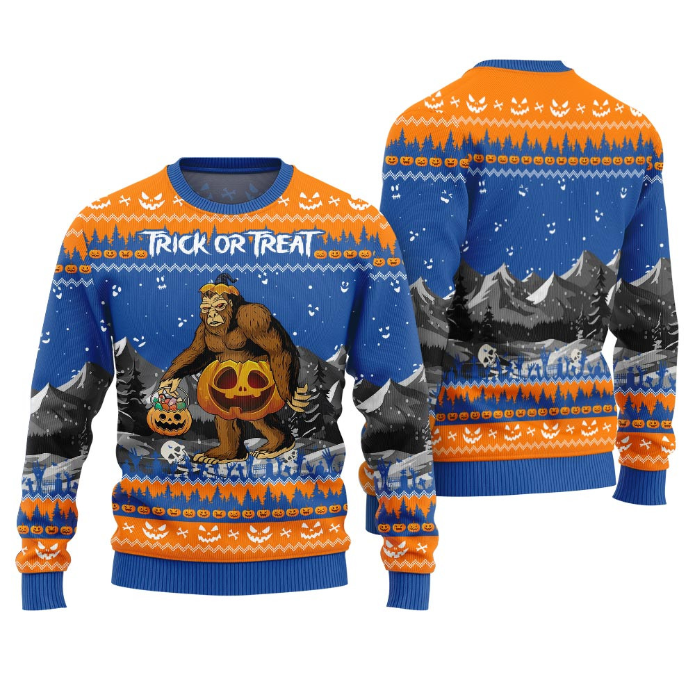 Trick Or Treat Bigfoot Happy Halloween Ugly Sweater Royal Casual Winter Sweatshirt for Daily Comfort