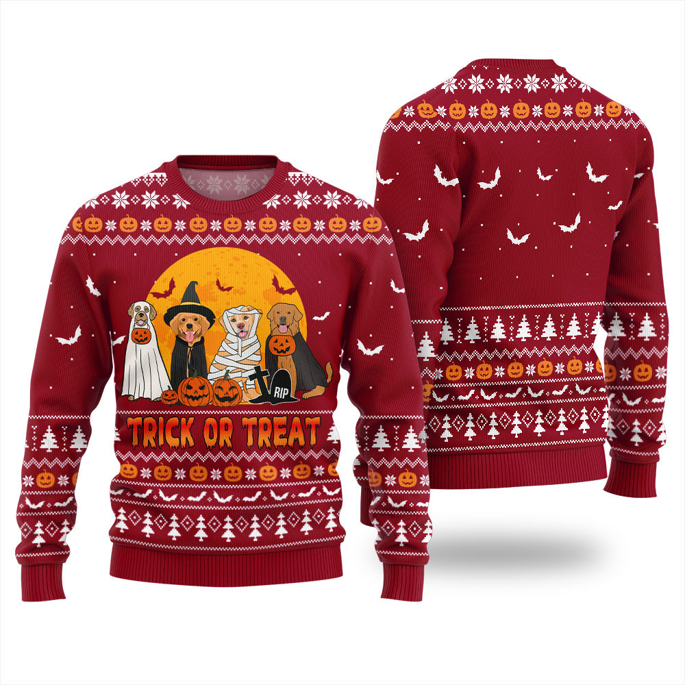 Trick Or Treat Cute Dog Halloween Sweater Red Warm and Comfy Sweater for Winter Days