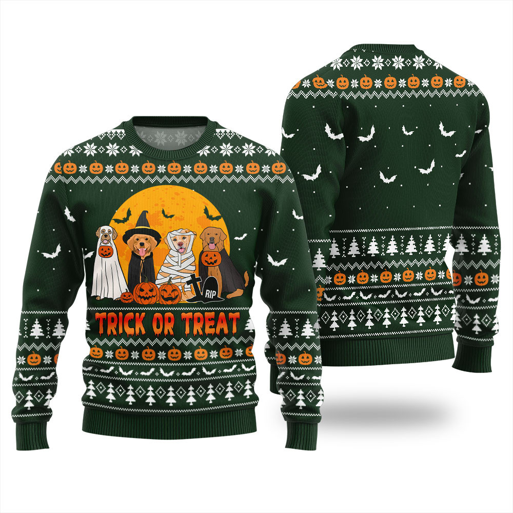 Trick Or Treat Dog Halloween Sweater Forest Green Comfortable Holiday Sweater for Chilly Nights