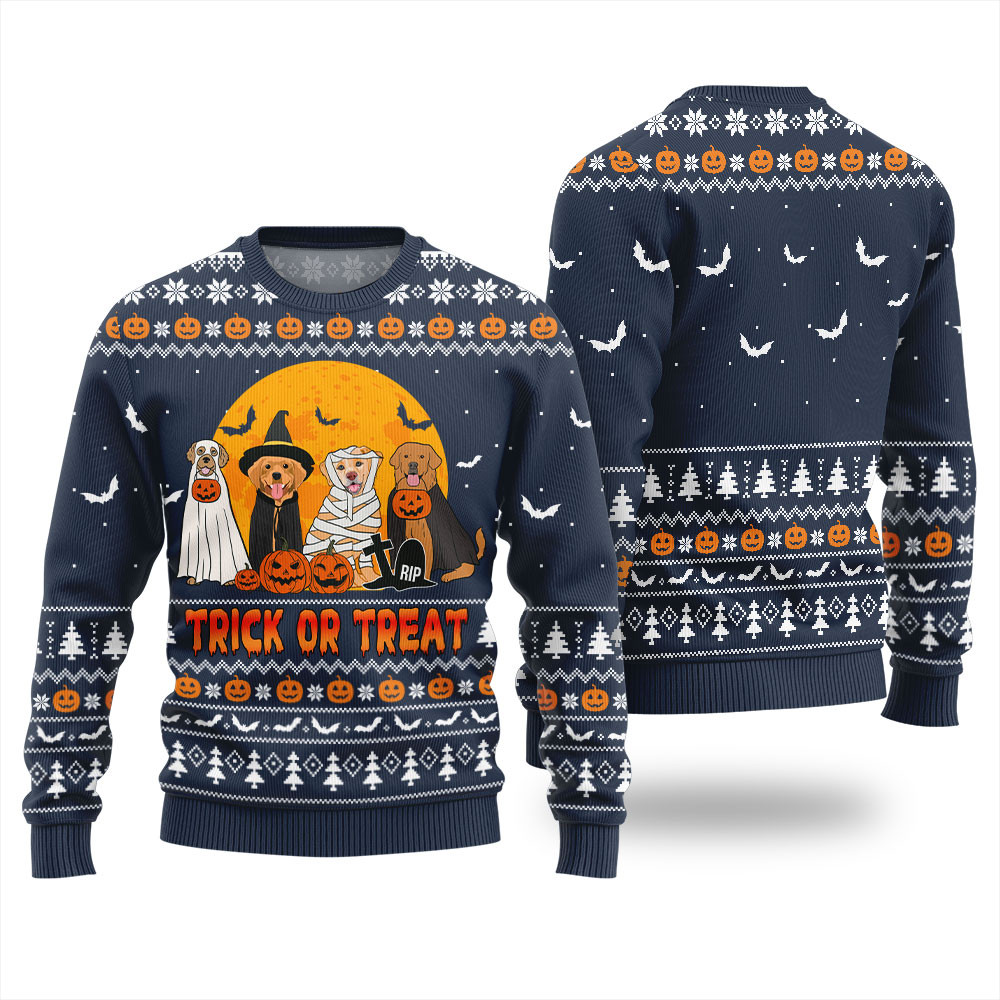 Trick Or Treat Dog Ugly Halloween Sweater Navy Meaningful Holiday Gift Merch to Show You Care