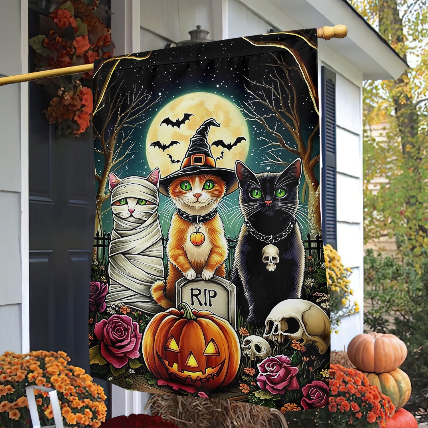 Trio Of Halloween Cats Flag Halloween Themed Spooky Decor Gift For Cat Lovers