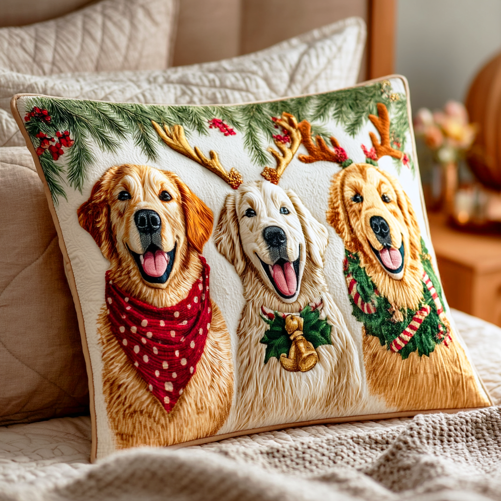 Triple Festive Goldens Quilted Pillow Case Christmas Cushion Covers Gifts For Dog Lovers
