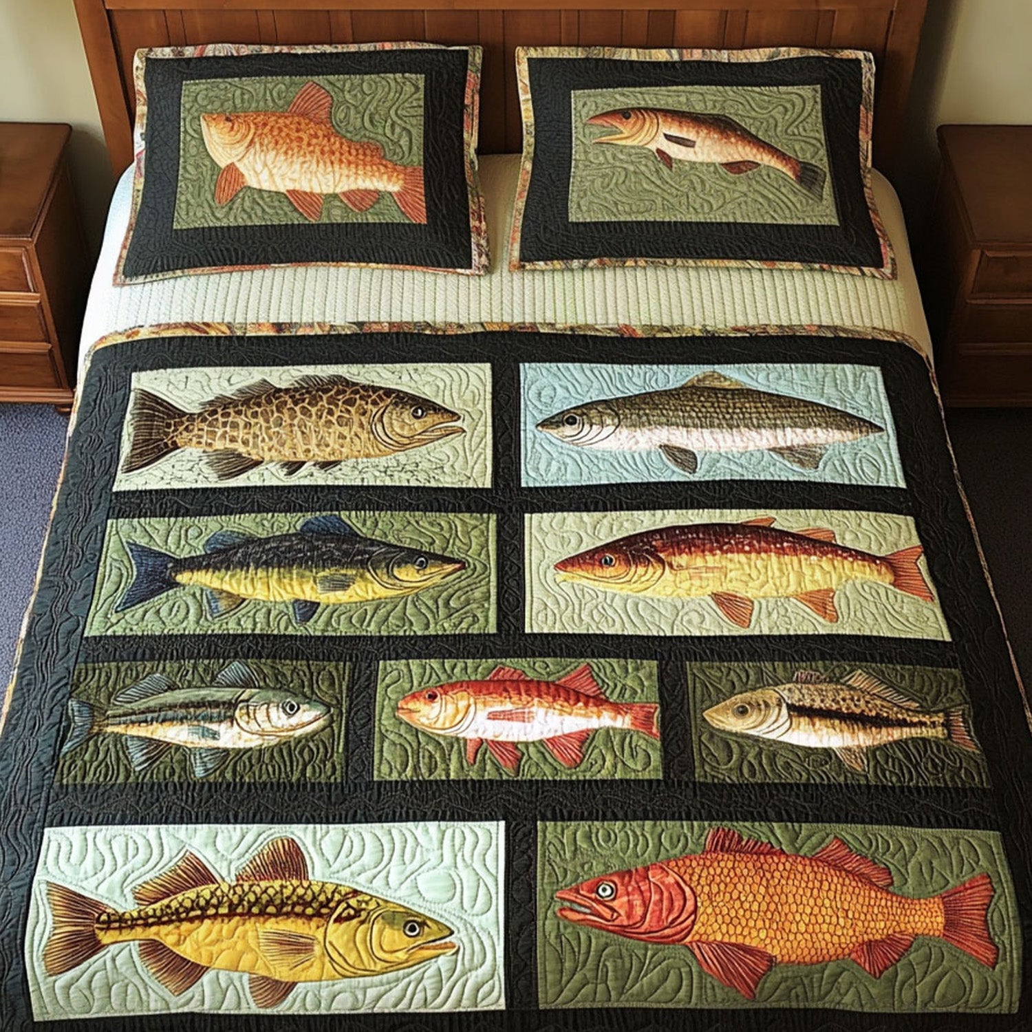 Trolling Tales Quilted Bedding Set Cozy Bedroom Decor Unique Best Gifts For Fishing Lovers