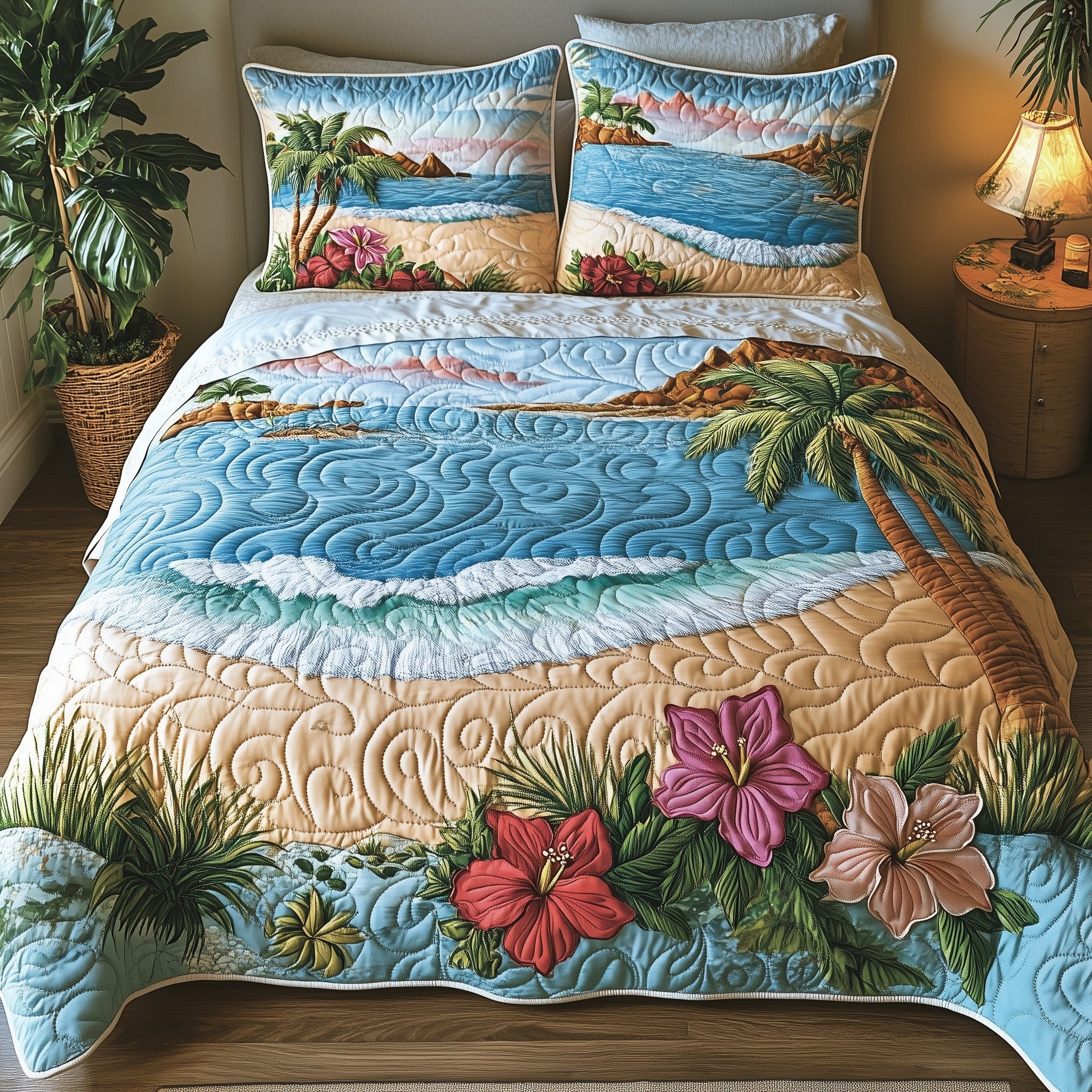 Tropical Beach Quilted Bedding Set Beach Paradise Themed Island Flower Ocean Bedding Gifts