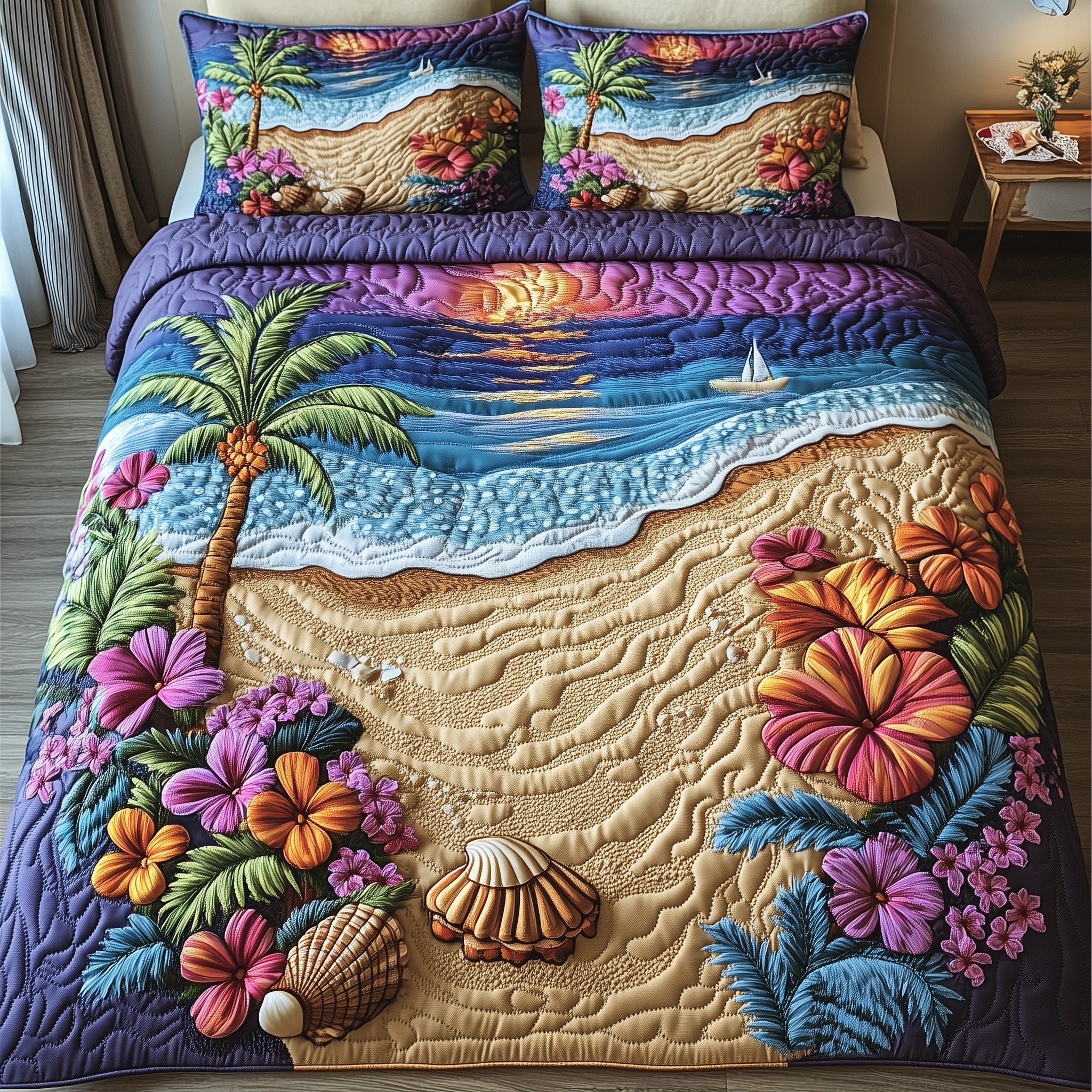 Tropical Beach Quilted Bedding Set Duvet Cover Bedspread Beach Lover Christmas Gifts