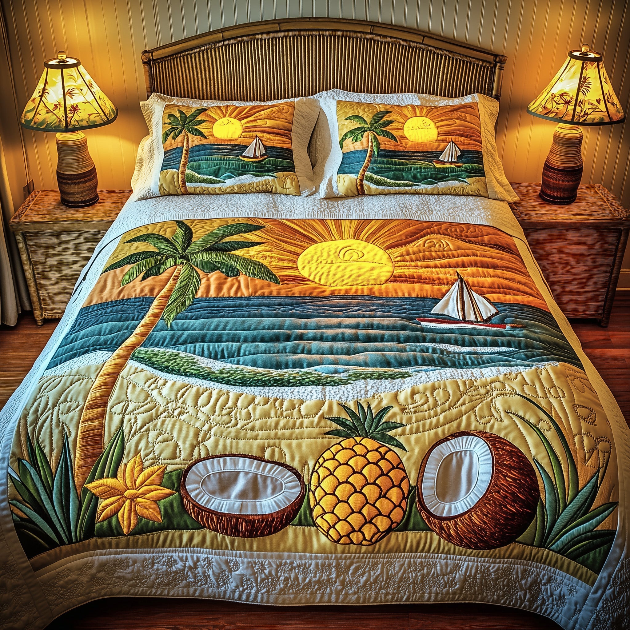 Tropical Beach Quilted Bedding Set For Couples(1)