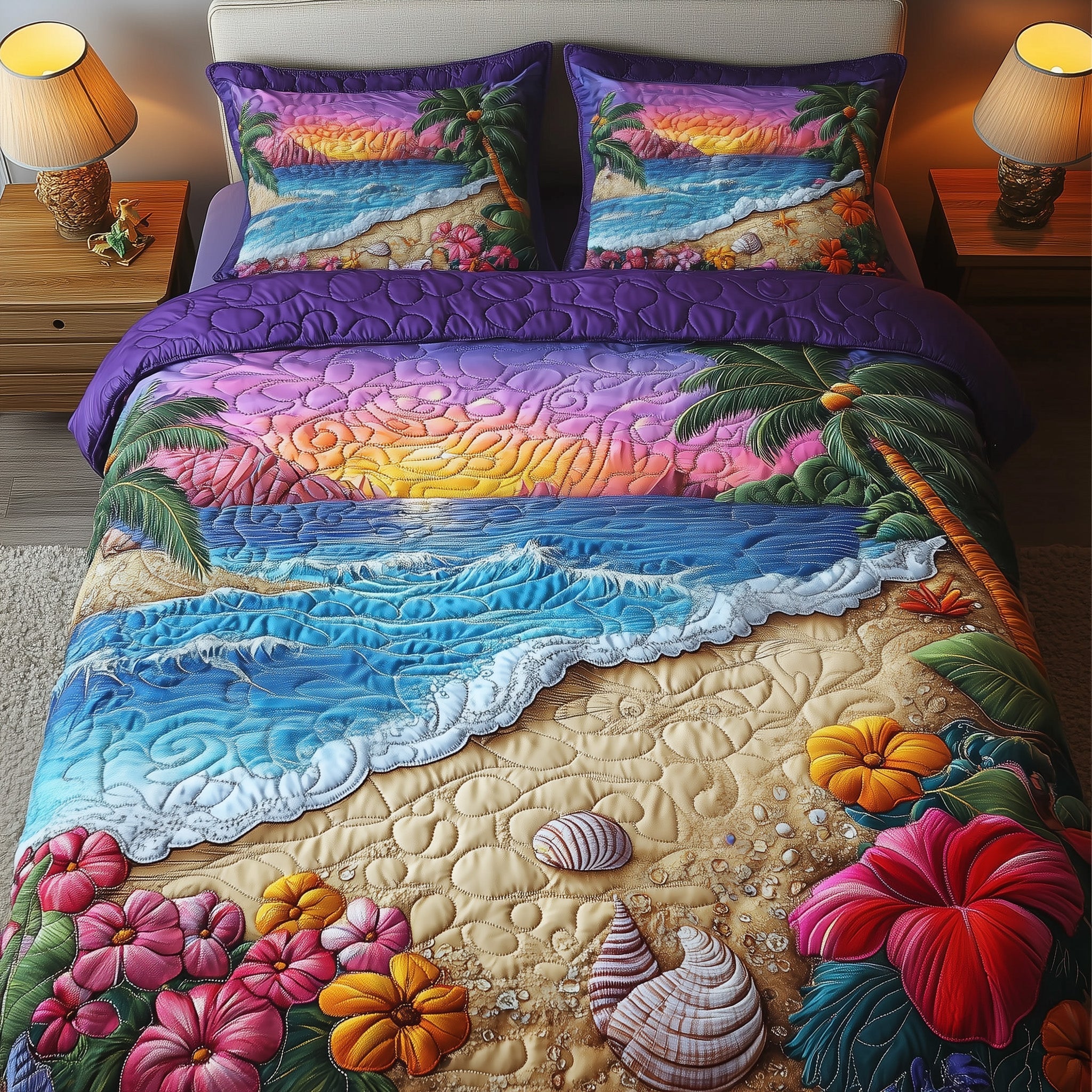 Tropical Beach Quilted Bedding Set For Family(1)
