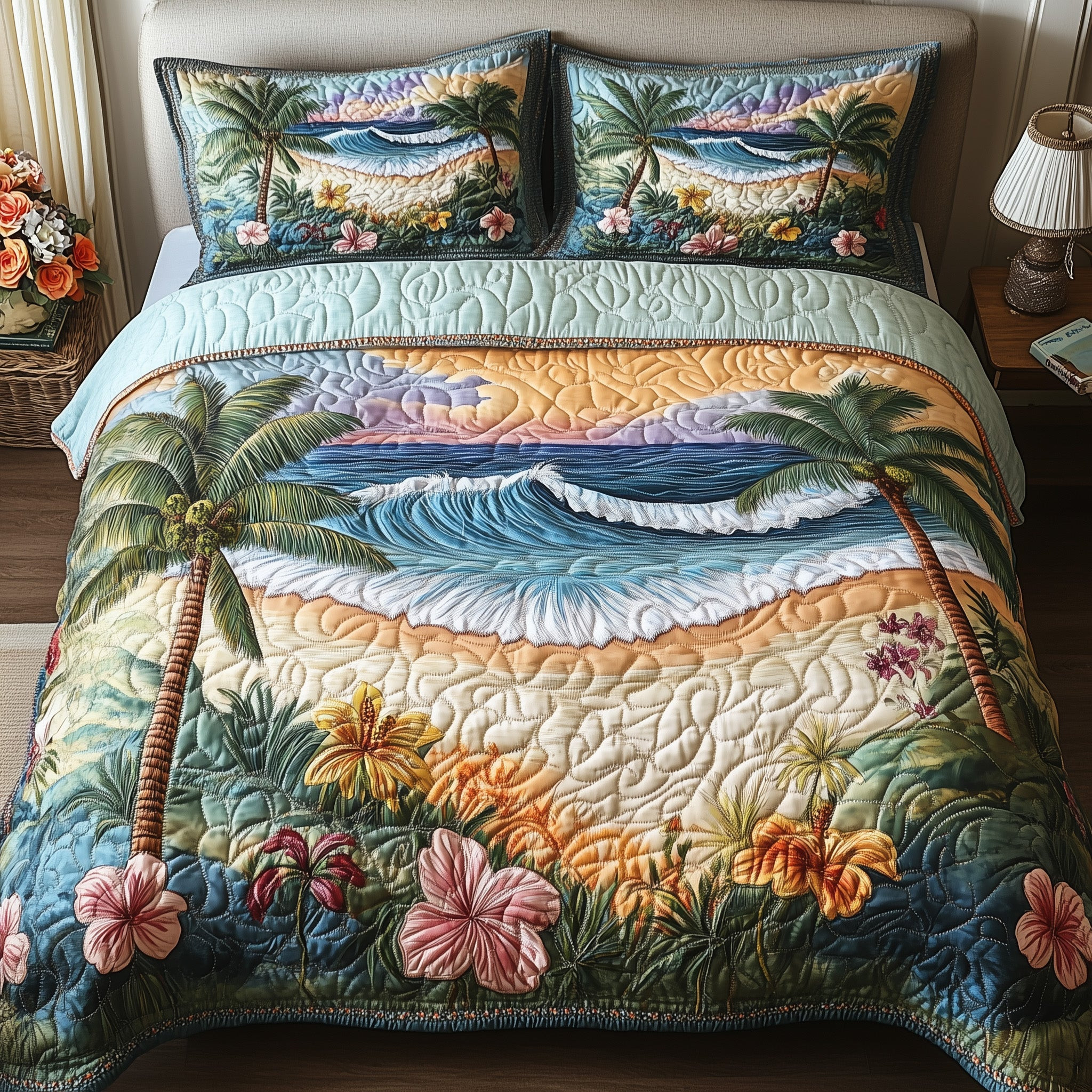Tropical Beach Quilted Bedding Set Island Beach Decor Blossom Flowers Bedding Gifts