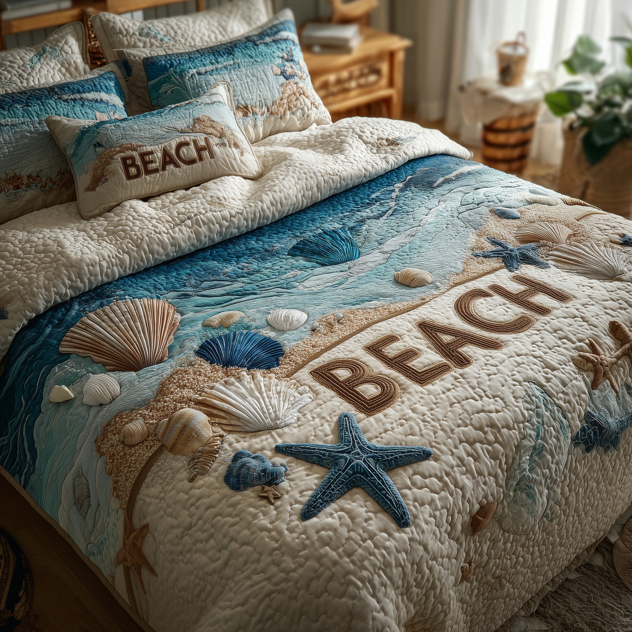 Tropical Beach Quilted Bedding Set Linen Blend