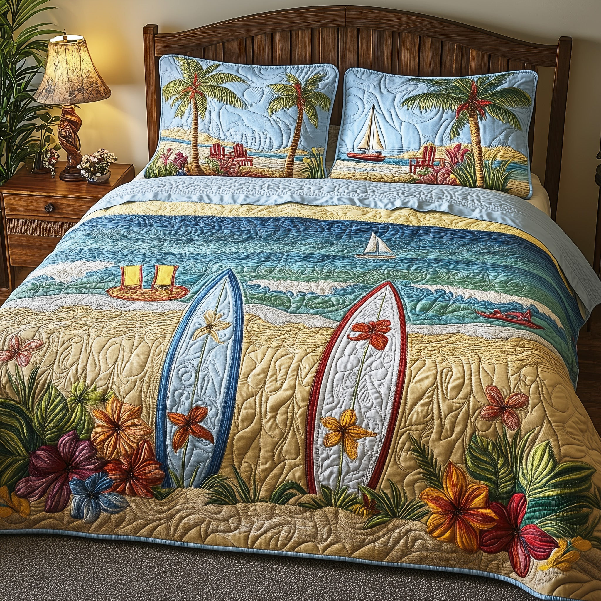 Tropical Beach Quilted Bedding Set Tropical Paradise Decor Tropical Summer Bedding Set