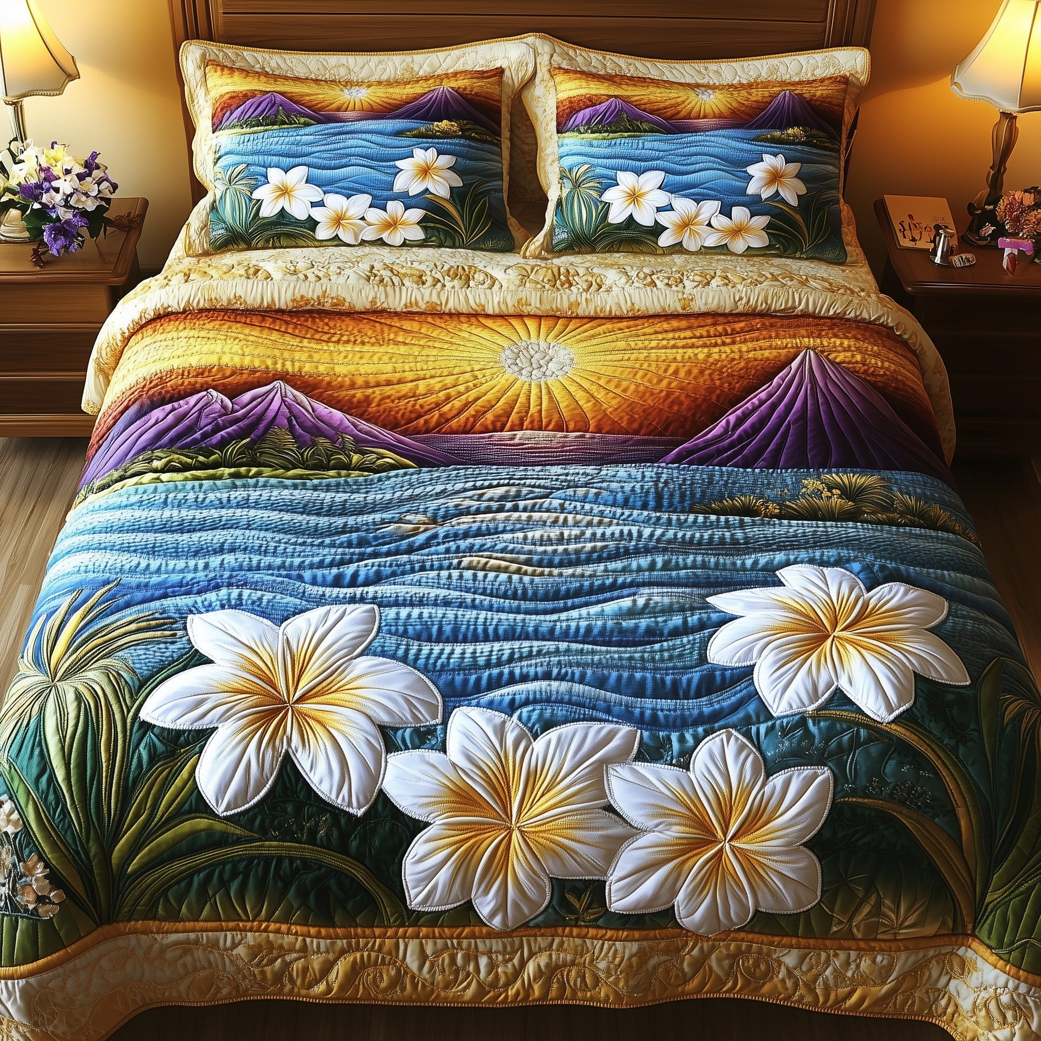 Tropical Beach Quilted Bedding Set Tropical Surfing  Paradise Decor Summer Bedding Gifts