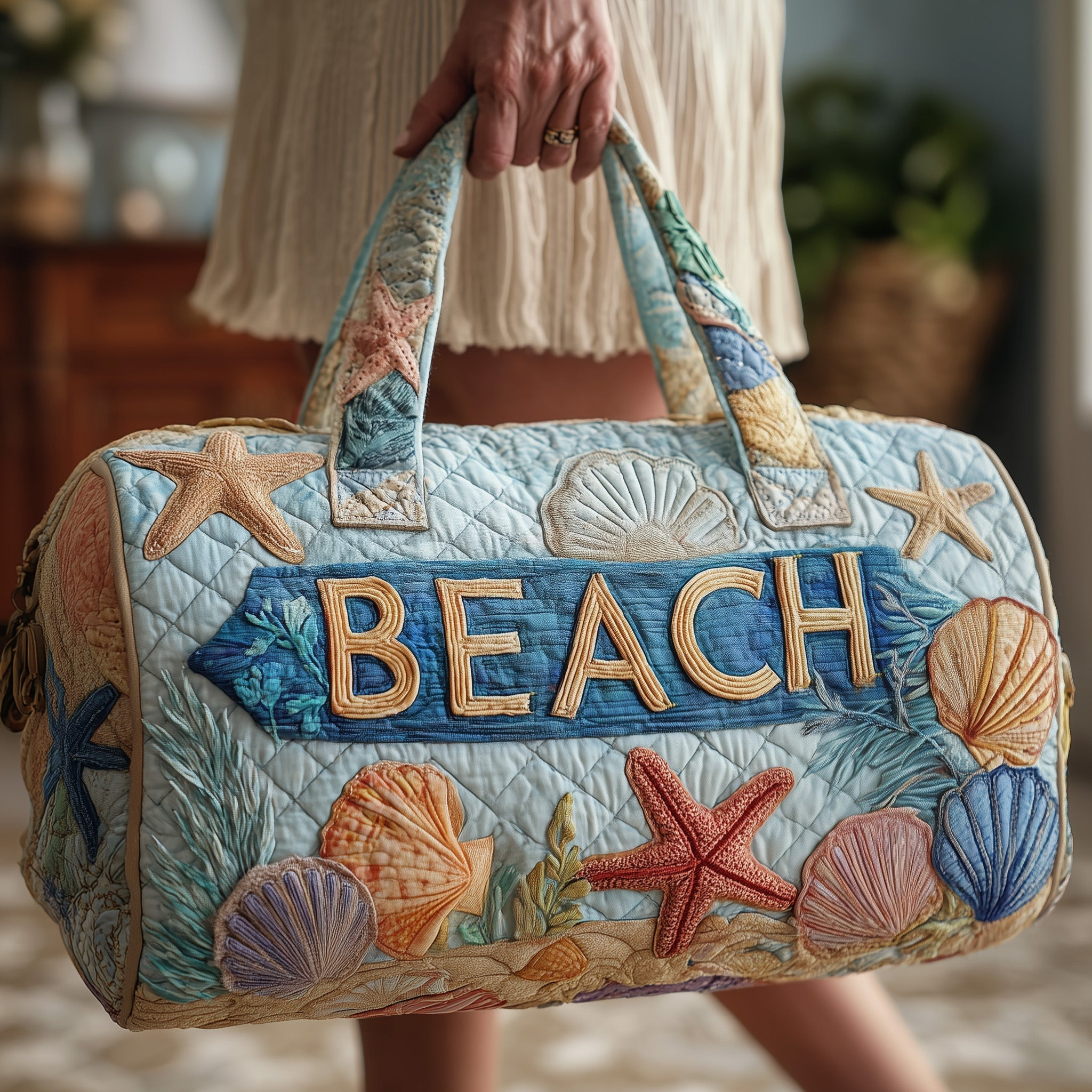 Tropical Beach Quilted Duffle Bag Seashell Starfish Sand Travel Bag Cute Beach Bag Gift For Her