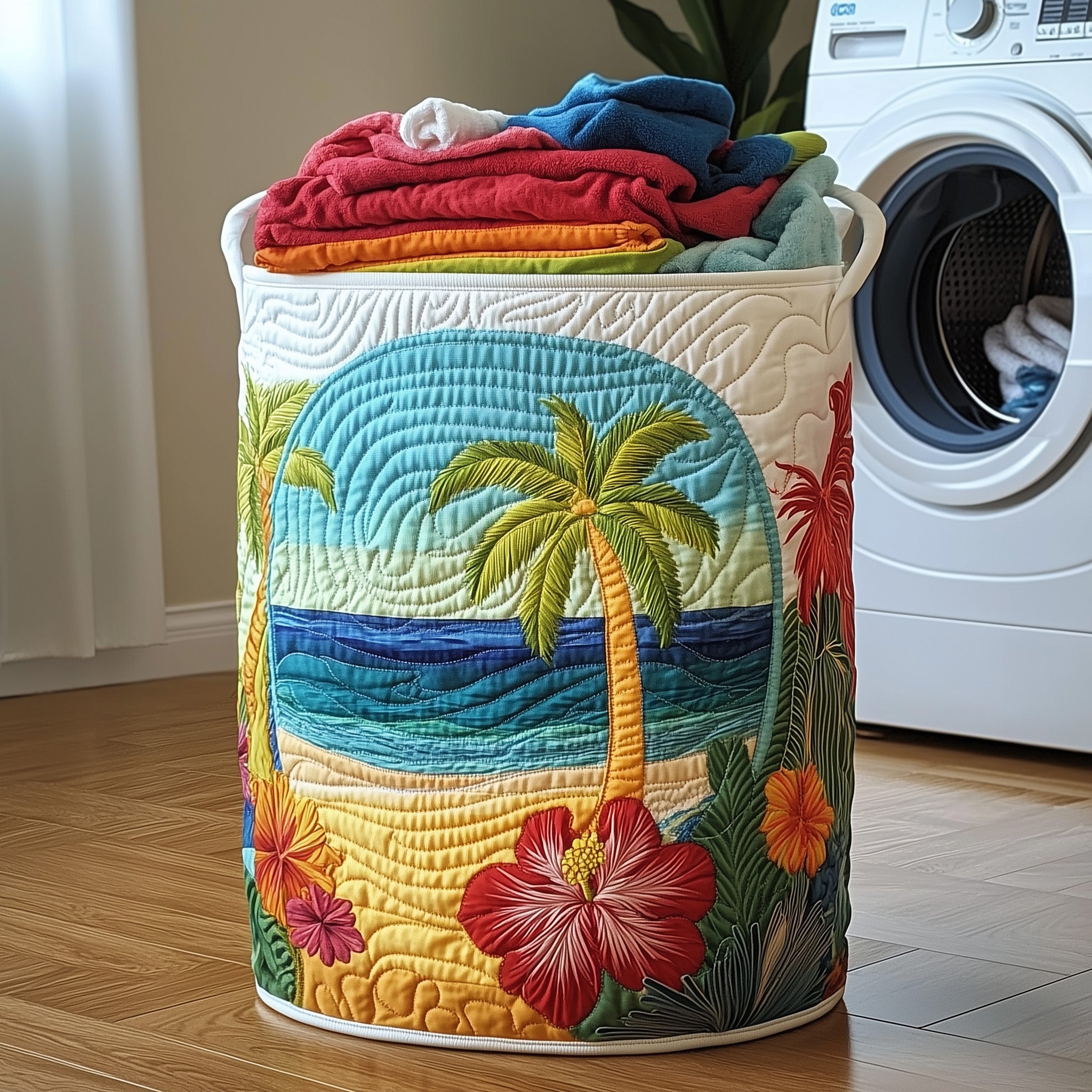 Tropical Beach Quilted Laundry Basket Merch For Home And Bedroom